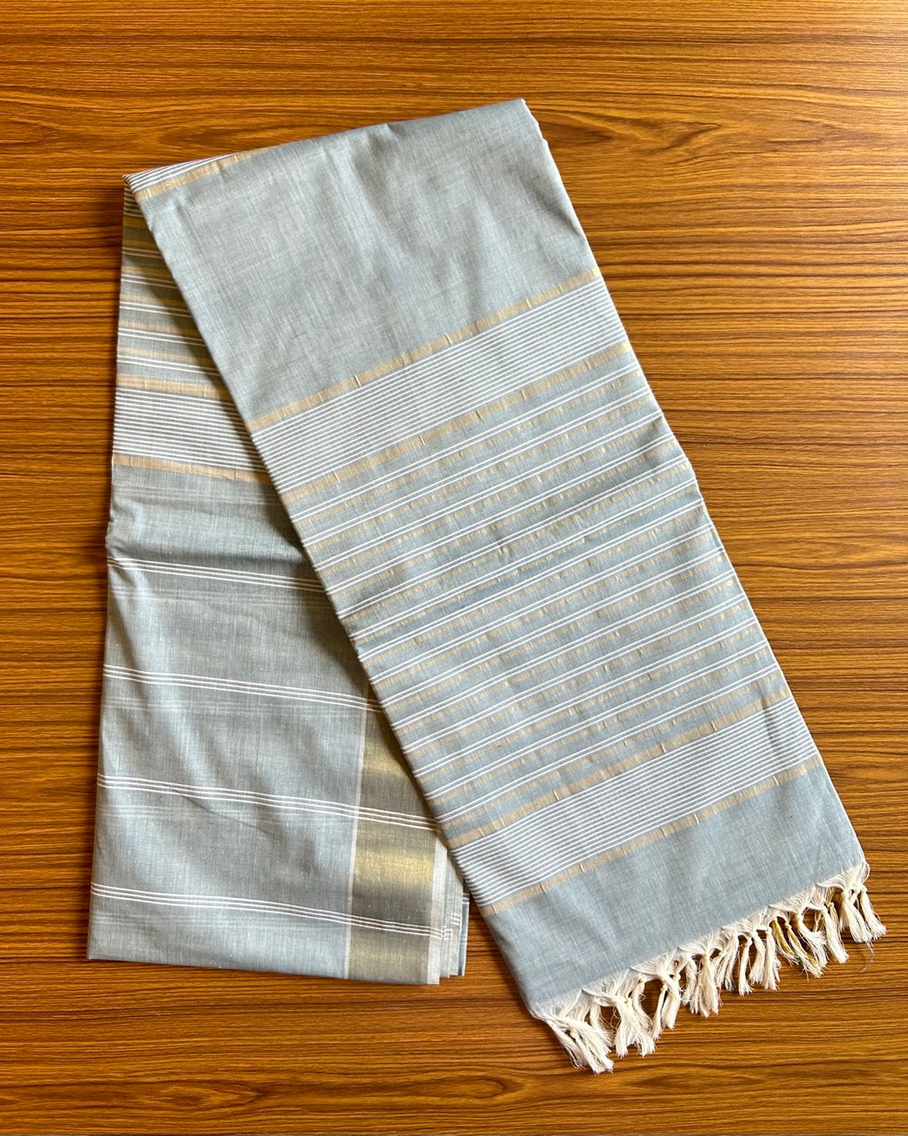 28% Discount!  Kerala Colour Cotton Saree - Pastel Blue Green with kasavu & white stripes - Kaitharikada - 15KK1000PAN