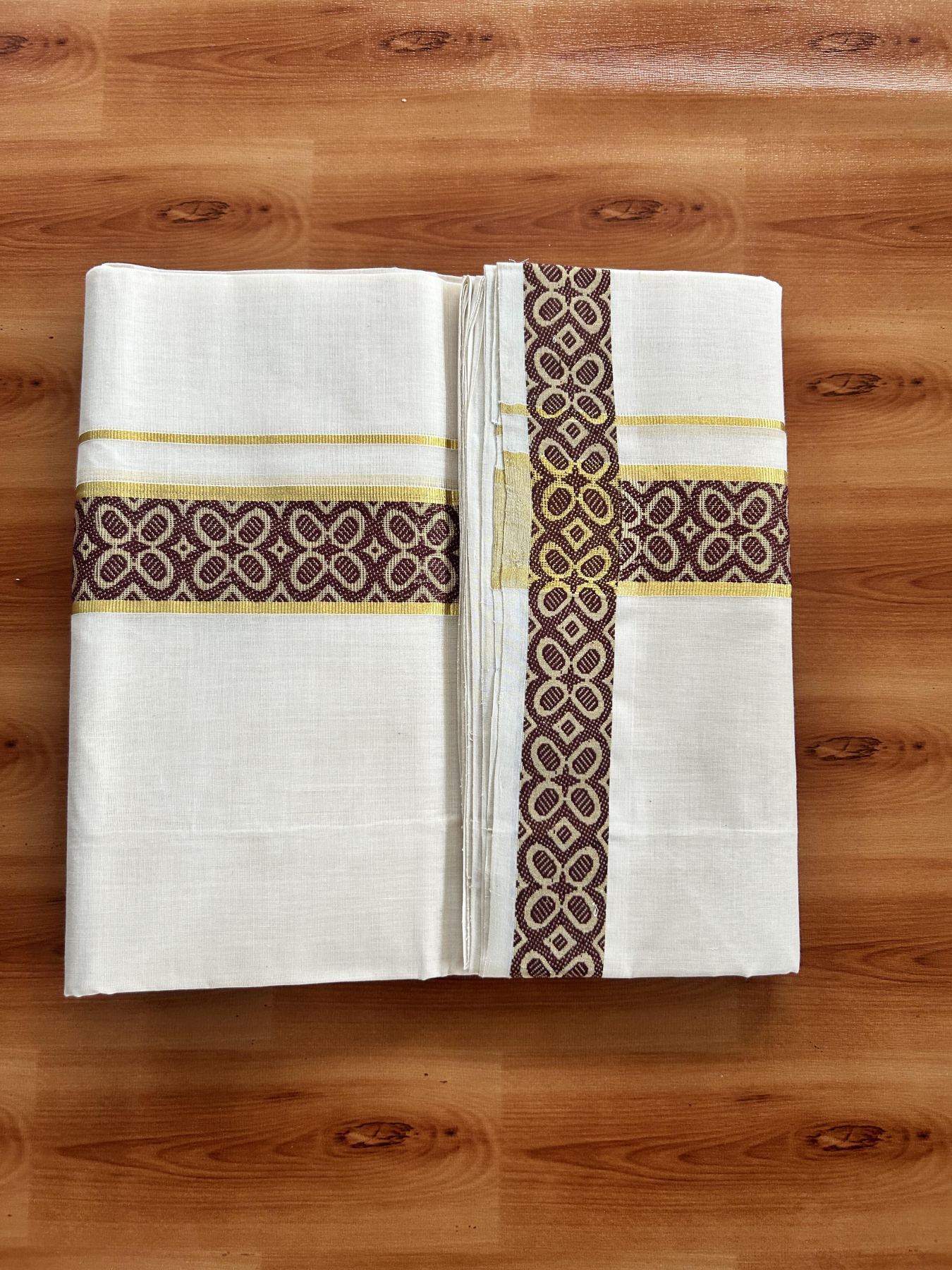 25% Discount ! Kaitharikada Handloom Unakkupaav - Kerala Handloom - 100% Pure Cotton Off White - (Unbleached) Double Mundu/Dhoti - 100x80 - 1.75 inch Gold Kasav & Brown Jacquard Design Kara 4 mtr (8.5 Muzham) - 13 KK5441 ABH