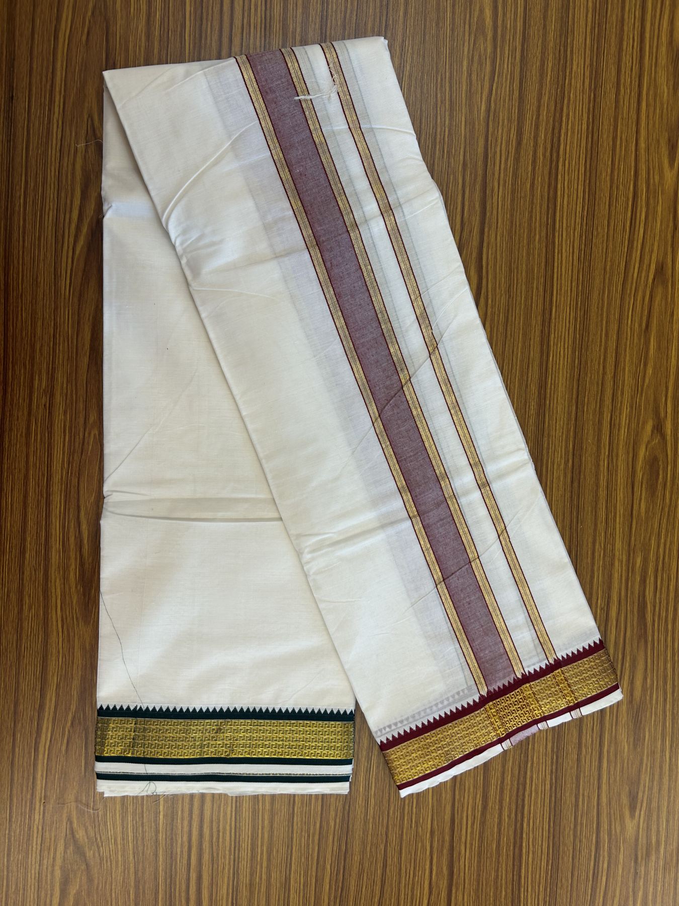 Panchakacham Dhoti - 20% Discount! Kaitharikada Balaramapuram Cotton Mix - Off White - (Unbleached) 80X90 thread - North Iindian- Attached Gamcha - 9x5 Dhoti - 1.5 inch Gold kasav Light Maroon Striped kara - 50 KK8305 PMC