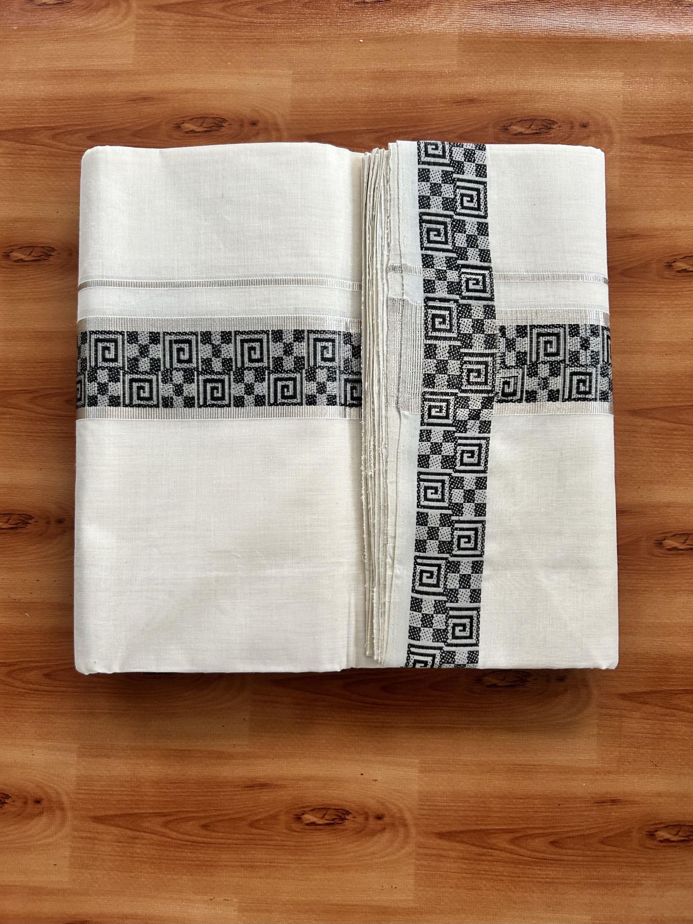 25% Discount ! Kaitharikada Handloom Unakkupaav - Kerala Handloom - 100% Pure Cotton Off White - (Unbleached) Double Mundu/Dhoti - 100x80 - 2 inch Silver Kasav & Black Jacquard Design Kara 4 mtr (8.5 Muzham) - 15 KK5441 ABH