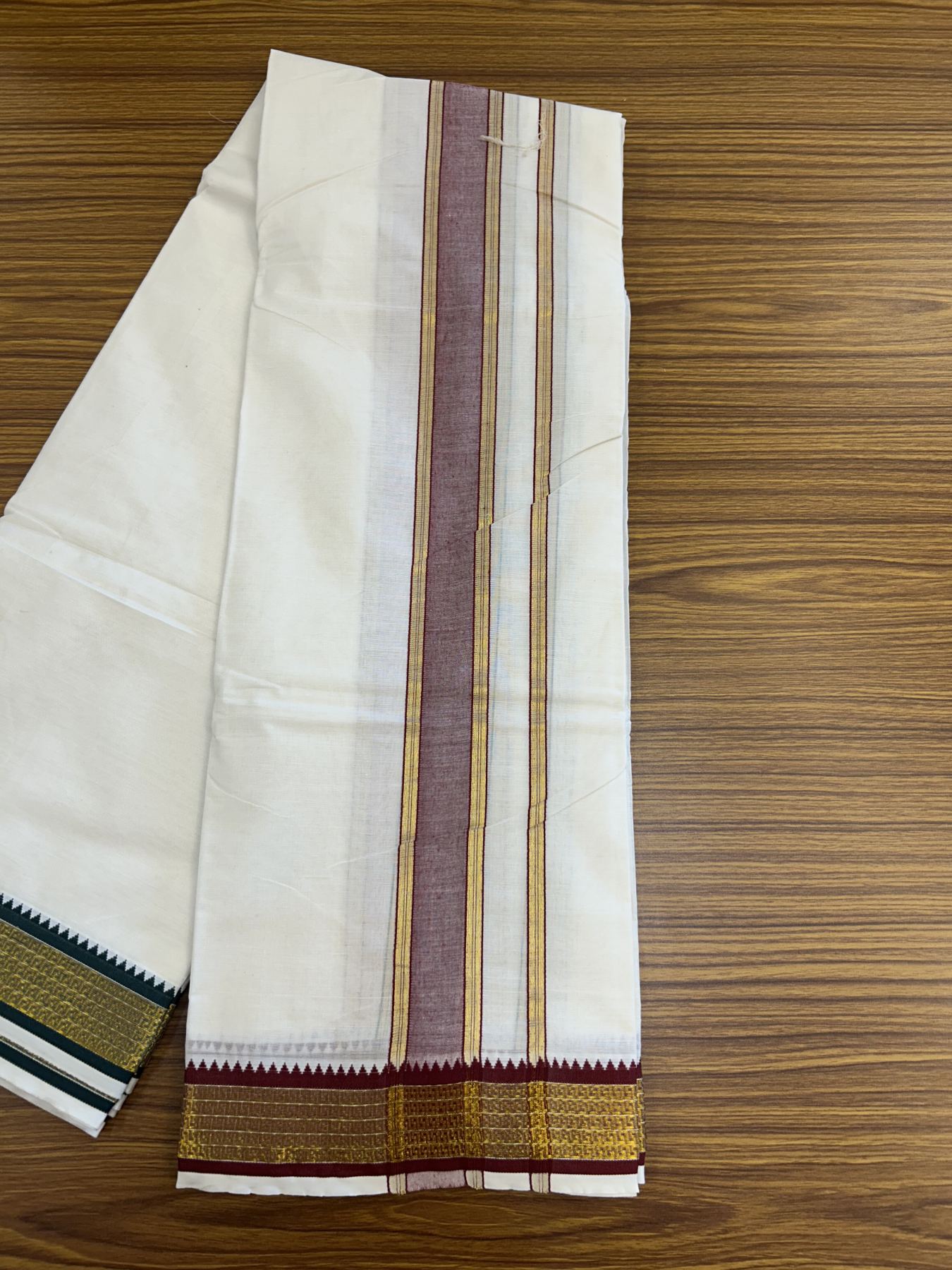 Panchakacham Dhoti - 20% Discount! Kaitharikada Balaramapuram Cotton Mix - Off White - (Unbleached) 80X90 thread - North Iindian- Attached Gamcha - 9x5 Dhoti - 1.5 inch Gold kasav Light Maroon Striped kara - 50 KK8305 PMC