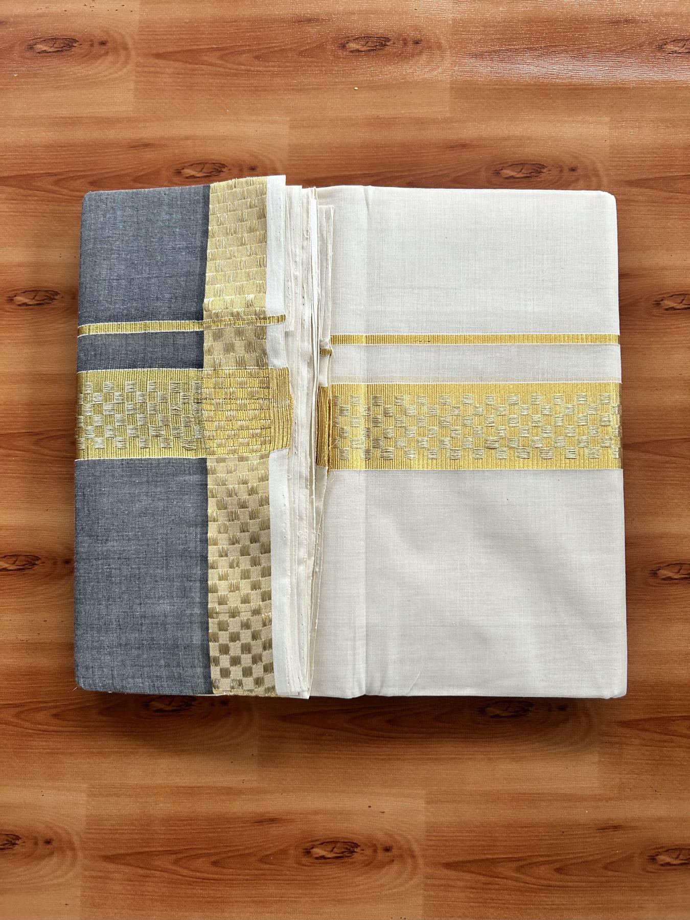 Double Mundu/Dhoti - Off White (Unbleached) - KaithariKada Handloom Unakkupaav - 25% Discount! Kerala Handloom - Pure Cotton - 100x80 - 1.75 inch Gold Kasav Designer Kara with Ash Black One side Big Border - 5 KK5441 ABH
