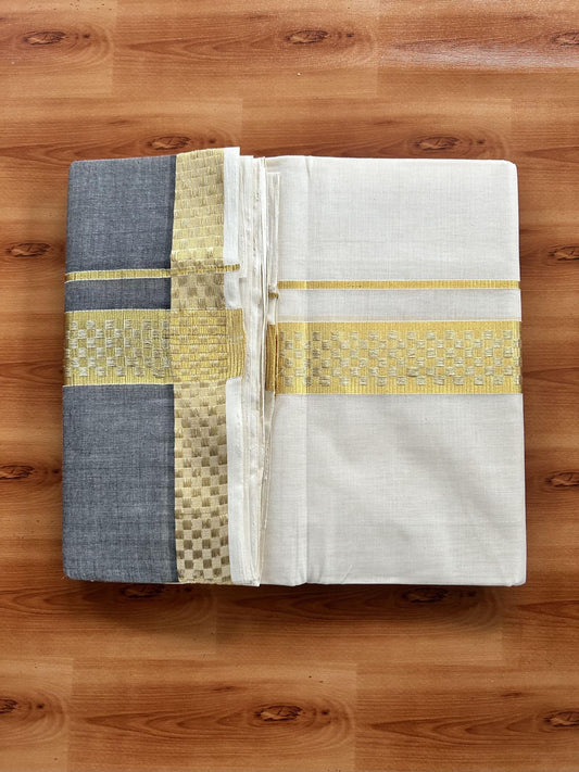 Double Mundu/Dhoti - Off White (Unbleached) - KaithariKada Handloom Unakkupaav - 25% Discount! Kerala Handloom - Pure Cotton - 100x80 - 1.75 inch Gold Kasav Designer Kara with Ash Black One side Big Border - 5 KK5441 ABH