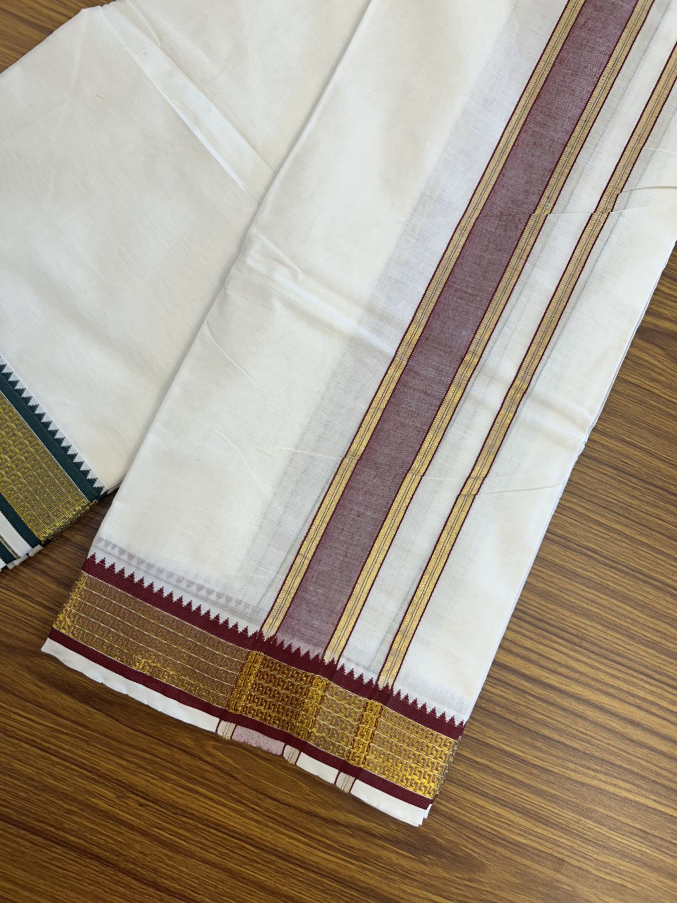 Panchakacham Dhoti - 20% Discount! Kaitharikada Balaramapuram Cotton Mix - Off White - (Unbleached) 80X90 thread - North Iindian- Attached Gamcha - 9x5 Dhoti - 1.5 inch Gold kasav Light Maroon Striped kara - 50 KK8305 PMC