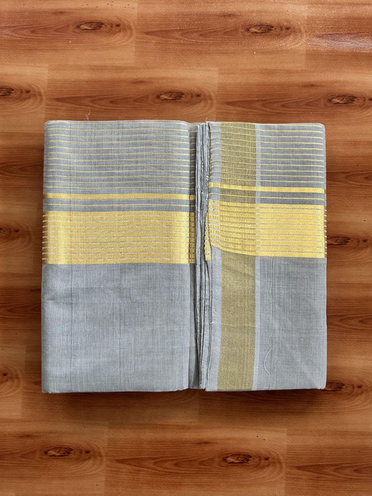 Double Mundu/Dhoti - KaithariKada Handloom Unakkupaav - 25% Discount! Kerala Handloom - Pure Cotton - 100x80 - Grey Colour Body - 7.5 inch Gold Kasav Striped Kara - 4 KK5441 ABH