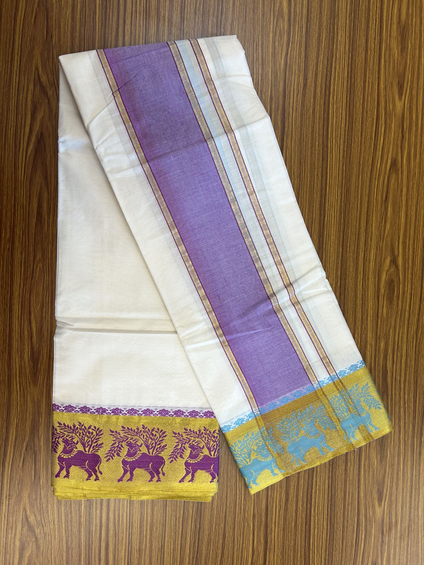Panchakacham Dhoti - 20% Discount! Kaitharikada Balaramapuram Cotton Mix - Off White - (Unbleached) 80X90 thread - North Iindian- Attached Gamcha - 9x5 Dhoti - 4 inch Gold kasav & Light Violet Striped kara - 51 KK8305 PMC