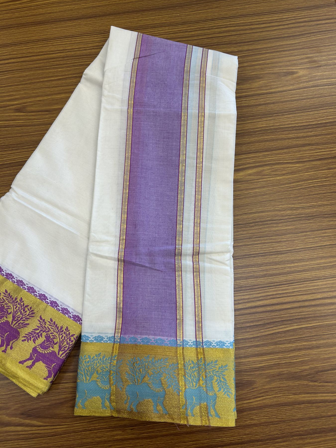 Panchakacham Dhoti - 20% Discount! Kaitharikada Balaramapuram Cotton Mix - Off White - (Unbleached) 80X90 thread - North Iindian- Attached Gamcha - 9x5 Dhoti - 4 inch Gold kasav & Light Violet Striped kara - 51 KK8305 PMC
