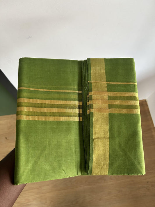 Double Mundu/Dhoti - KaithariKada Handloom Unakkupaav - 25% Discount! Kerala Handloom - Pure Cotton - 100x80 - Parrot Green Colour Body - 1.75 inch Gold Kasav Striped Kara - 1 KK5441 ABH