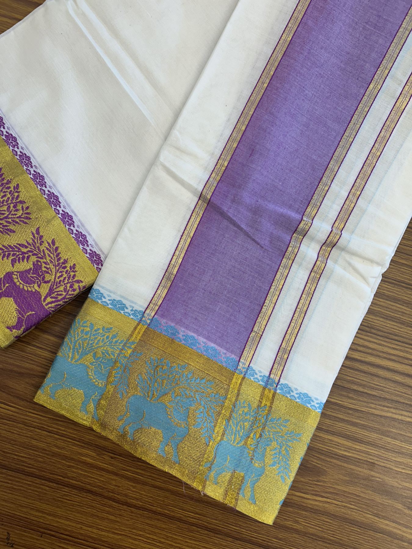 Panchakacham Dhoti - 20% Discount! Kaitharikada Balaramapuram Cotton Mix - Off White - (Unbleached) 80X90 thread - North Iindian- Attached Gamcha - 9x5 Dhoti - 4 inch Gold kasav & Light Violet Striped kara - 51 KK8305 PMC