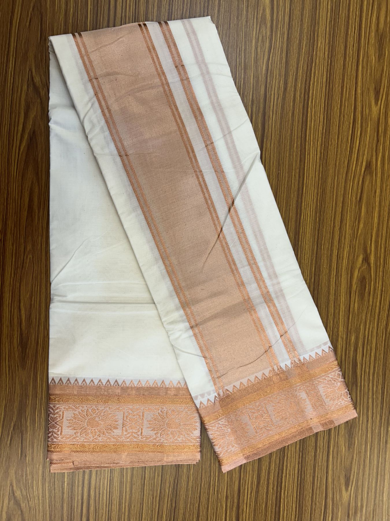 Panchakacham Dhoti - 20% Discount! Kaitharikada Balaramapuram Cotton Mix - Off White - (Unbleached) 80X90 thread - North Iindian- Attached Gamcha - 9x5 Dhoti - 4 inch Copper kasav shaded kara - 30 KK8305 PMC