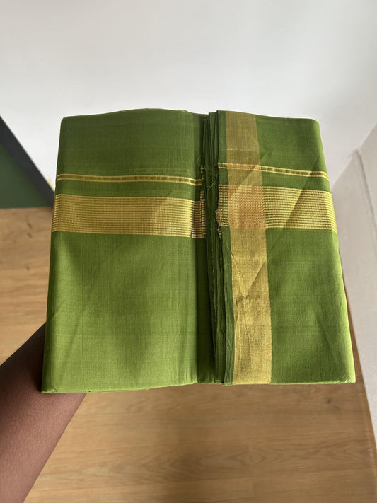 Double Mundu/Dhoti - KaithariKada Handloom Unakkupaav - 25% Discount! Kerala Handloom - Pure Cotton - 100x80 - Parrot Green Colour Body - 1.5 inch Gold Kasav Striped Kara - 2 KK5441 ABH