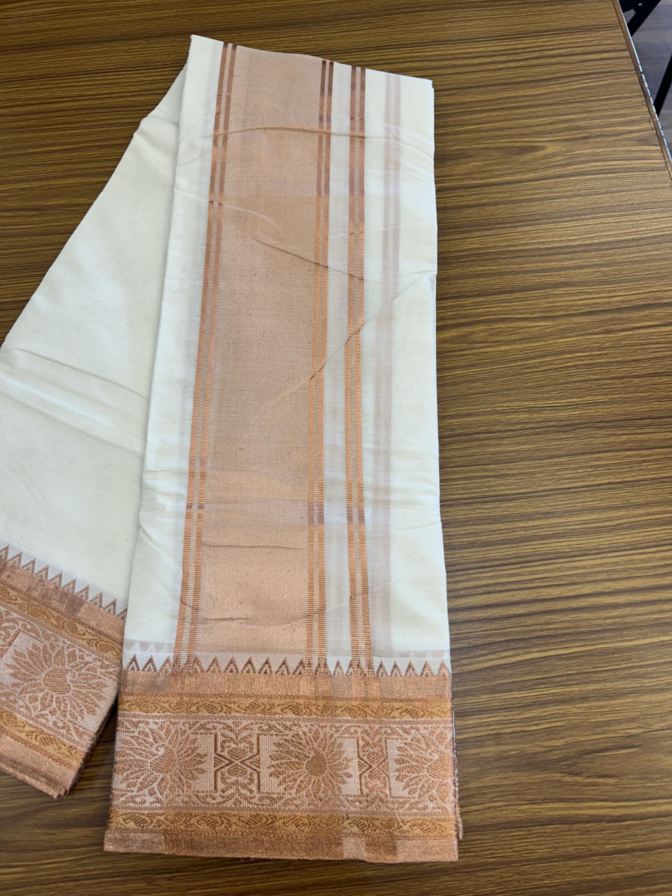 Panchakacham Dhoti - 20% Discount! Kaitharikada Balaramapuram Cotton Mix - Off White - (Unbleached) 80X90 thread - North Iindian- Attached Gamcha - 9x5 Dhoti - 4 inch Copper kasav shaded kara - 30 KK8305 PMC