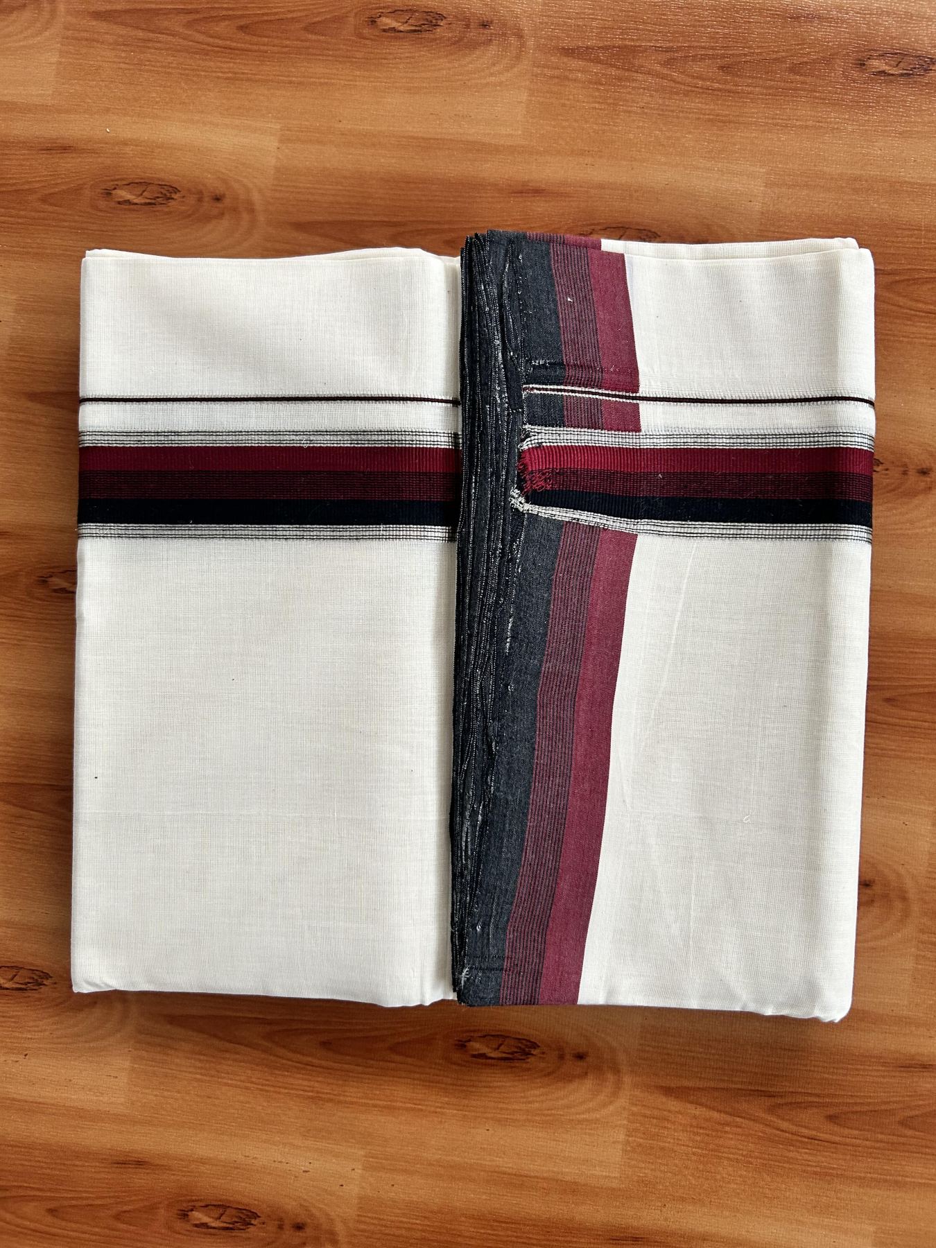 Double Off White (Unbleached) Mundu/Dhoti - 25% Discount! KaithariKada Handloom Unakkupaav Kerala Handloom - Pure Cotton - 80x90 - 1.25 Inch Silver Kasav & Maroon & Black Striped Kara 4 Mtr (8.5 Muzham) - 27 KK5438 YAR