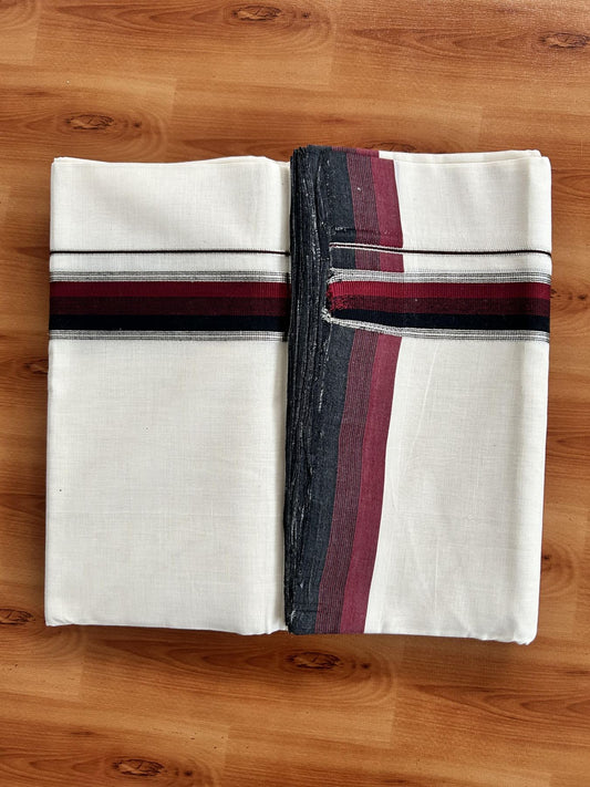 Double Off White (Unbleached) Mundu/Dhoti - 25% Discount! KaithariKada Handloom Unakkupaav Kerala Handloom - Pure Cotton - 80x90 - 1.25 Inch Silver Kasav & Maroon & Black Striped Kara 4 Mtr (8.5 Muzham) - 27 KK5438 YAR