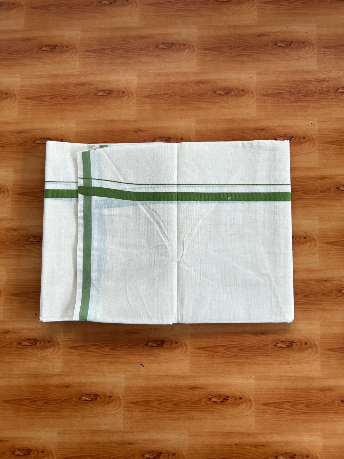 Double Off White (Unbleached) Mundu/Dhoti - 20% Discount! KaithariKada Pulimood 100% Cotton 80x72 - 0.5 inch Parrot Green Kara - 4 mtr (8.5 muzham) - 48 KK5553 STH
