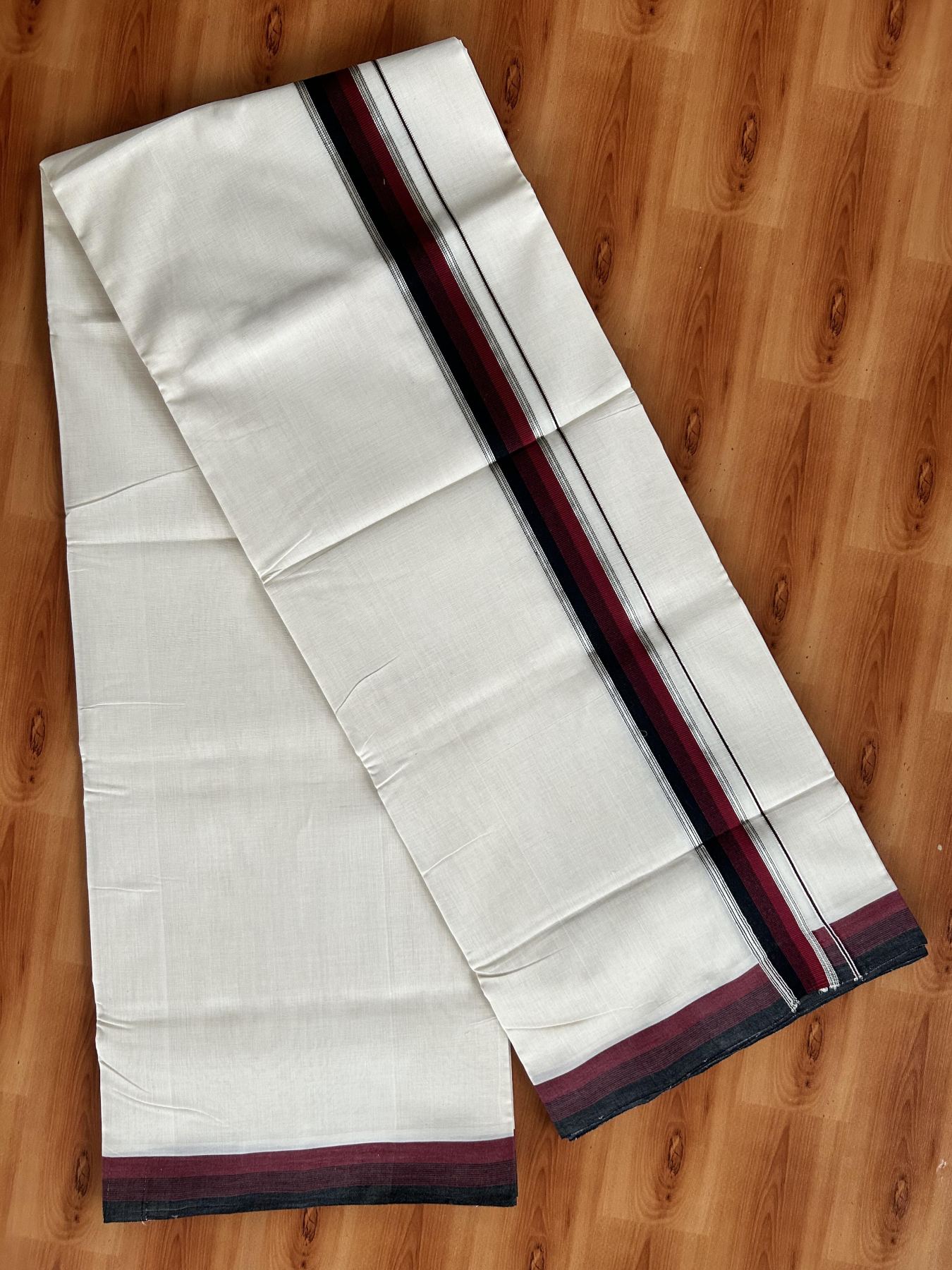 Double Off White (Unbleached) Mundu/Dhoti - 25% Discount! KaithariKada Handloom Unakkupaav Kerala Handloom - Pure Cotton - 80x90 - 1.25 Inch Silver Kasav & Maroon & Black Striped Kara 4 Mtr (8.5 Muzham) - 27 KK5438 YAR