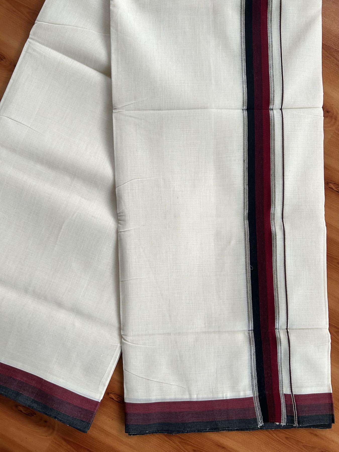 Double Off White (Unbleached) Mundu/Dhoti - 25% Discount! KaithariKada Handloom Unakkupaav Kerala Handloom - Pure Cotton - 80x90 - 1.25 Inch Silver Kasav & Maroon & Black Striped Kara 4 Mtr (8.5 Muzham) - 27 KK5438 YAR