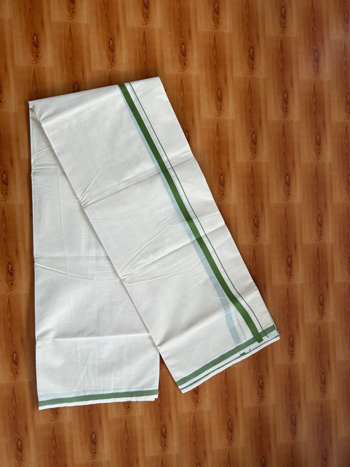 Double Off White (Unbleached) Mundu/Dhoti - 20% Discount! KaithariKada Pulimood 100% Cotton 80x72 - 0.5 inch Parrot Green Kara - 4 mtr (8.5 muzham) - 48 KK5553 STH