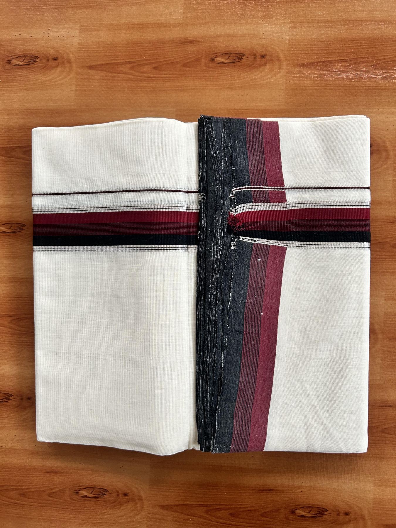 Double Off White (Unbleached) Mundu/Dhoti - 25% Discount! KaithariKada Handloom Unakkupaav Kerala Handloom - Pure Cotton - 80x90 - 1.25 Inch Silver Kasav & Maroon & Black Striped Kara 4 Mtr (8.5 Muzham) - 26 KK5438 YAR