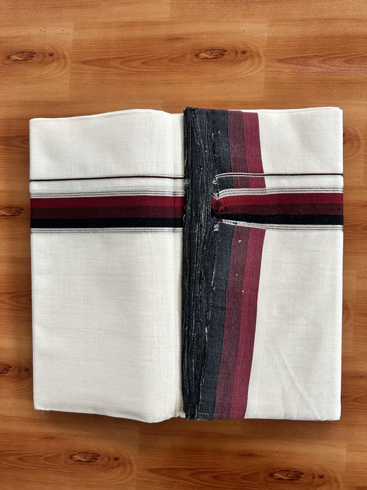 Double Off White (Unbleached) Mundu/Dhoti - 25% Discount! KaithariKada Handloom Unakkupaav Kerala Handloom - Pure Cotton - 80x90 - 1.25 Inch Silver Kasav & Maroon & Black Striped Kara 4 Mtr (8.5 Muzham) - 26 KK5438 YAR