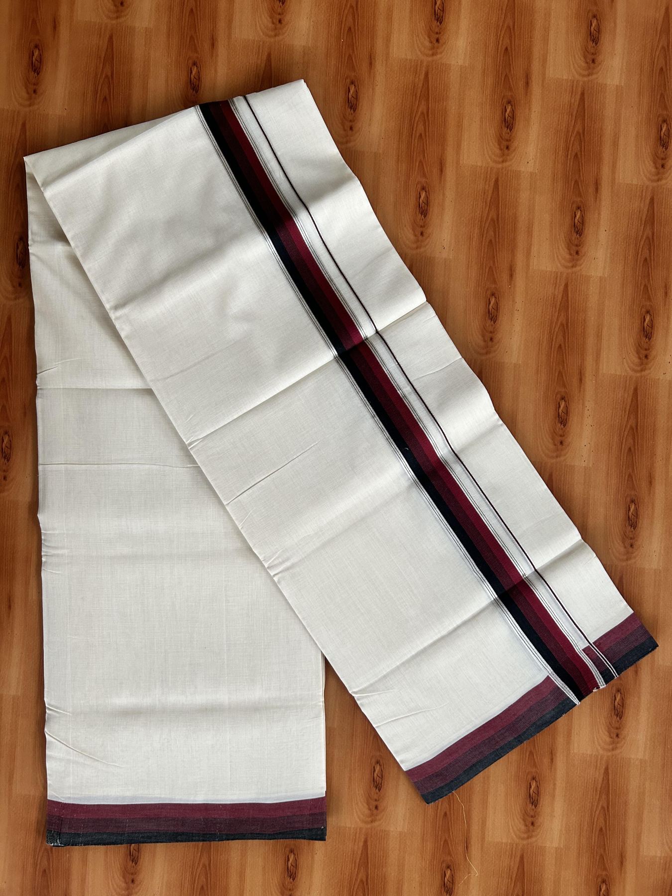 Double Off White (Unbleached) Mundu/Dhoti - 25% Discount! KaithariKada Handloom Unakkupaav Kerala Handloom - Pure Cotton - 80x90 - 1.25 Inch Silver Kasav & Maroon & Black Striped Kara 4 Mtr (8.5 Muzham) - 26 KK5438 YAR