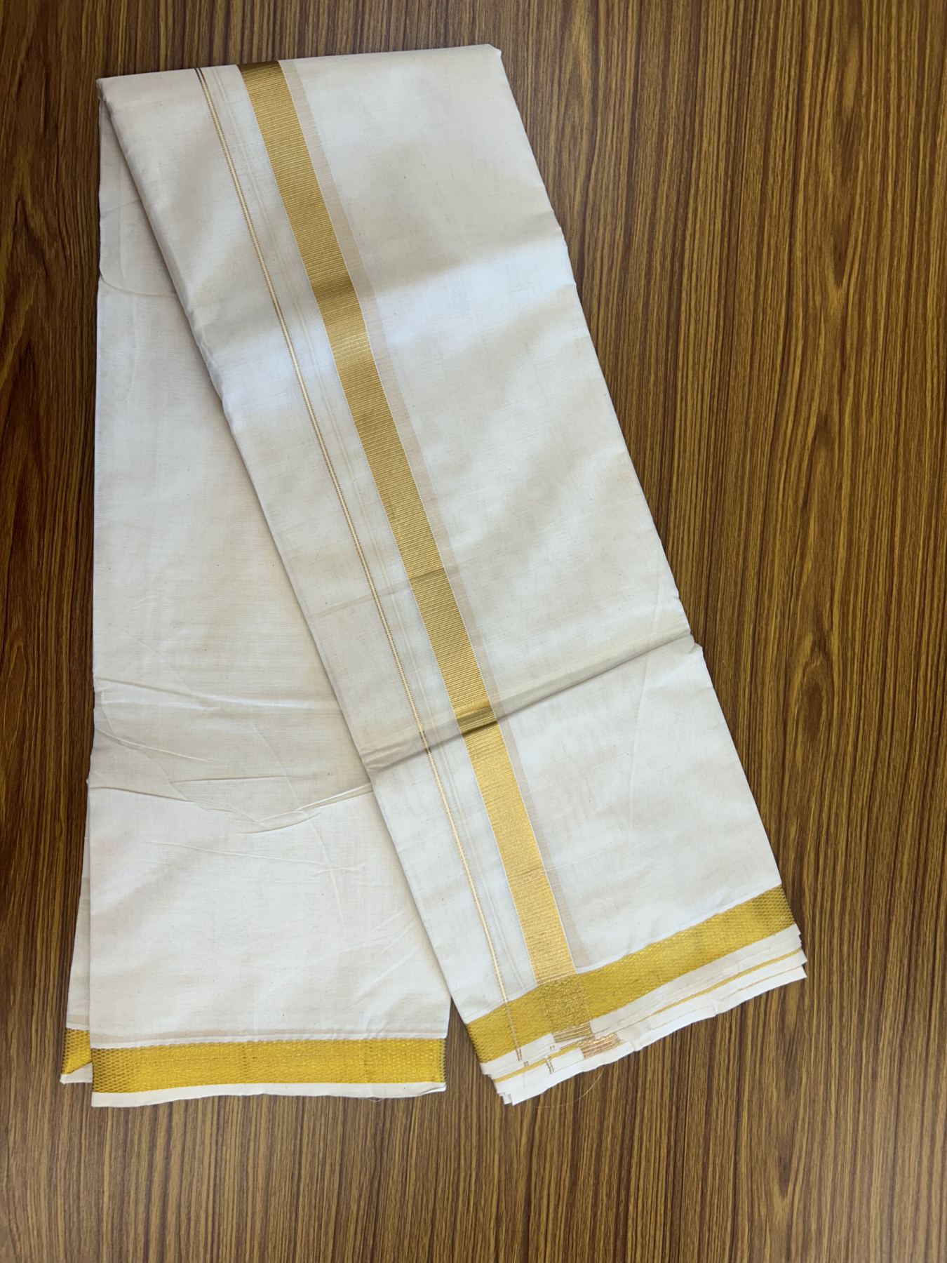 Panchakacham Dhoti - 20% Discount! Kaitharikada Balaramapuram Cotton Mix - Off White - (Unbleached) 80X90 thread - North Iindian- Attached Gamcha - 9x5 Dhoti - 1 inch Gold kasav  kara - 52 KK8305 PMC