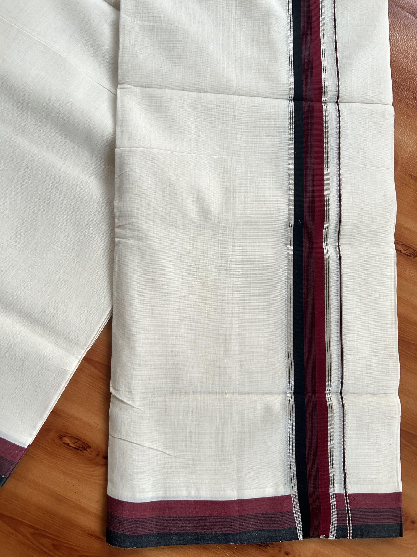 Double Off White (Unbleached) Mundu/Dhoti - 25% Discount! KaithariKada Handloom Unakkupaav Kerala Handloom - Pure Cotton - 80x90 - 1.25 Inch Silver Kasav & Maroon & Black Striped Kara 4 Mtr (8.5 Muzham) - 26 KK5438 YAR