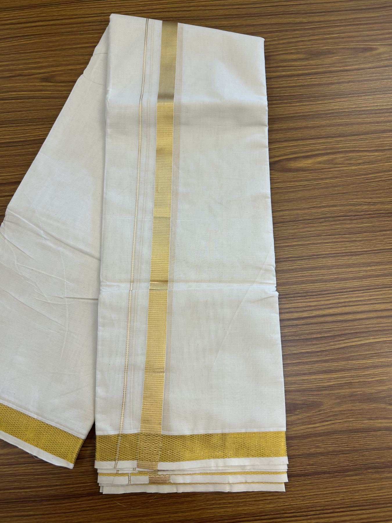 Panchakacham Dhoti - 20% Discount! Kaitharikada Balaramapuram Cotton Mix - Off White - (Unbleached) 80X90 thread - North Iindian- Attached Gamcha - 9x5 Dhoti - 1 inch Gold kasav  kara - 52 KK8305 PMC