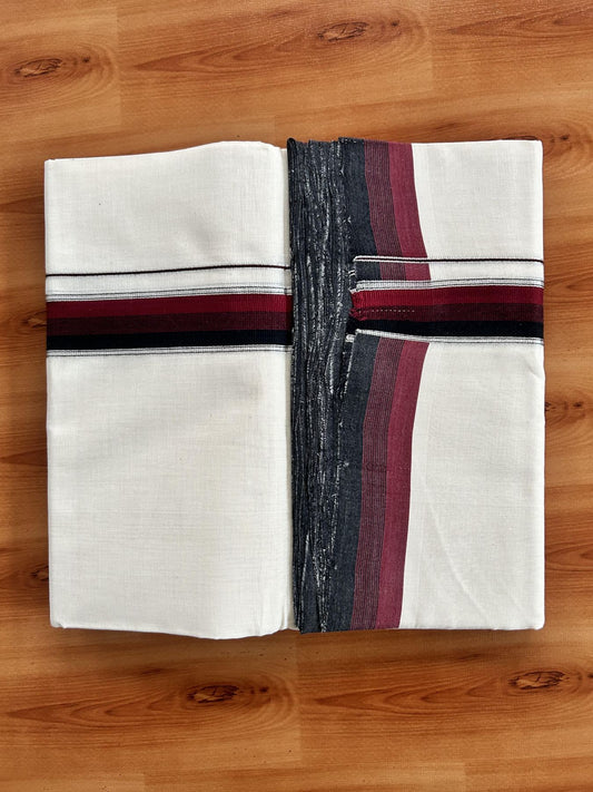 Double Off White (Unbleached) Mundu/Dhoti - 25% Discount! KaithariKada Handloom Unakkupaav Kerala Handloom - Pure Cotton - 80x90 - 1.25 Inch Silver Kasav & Maroon & Black Striped Kara 4 Mtr (8.5 Muzham) - 25 KK5438 YAR