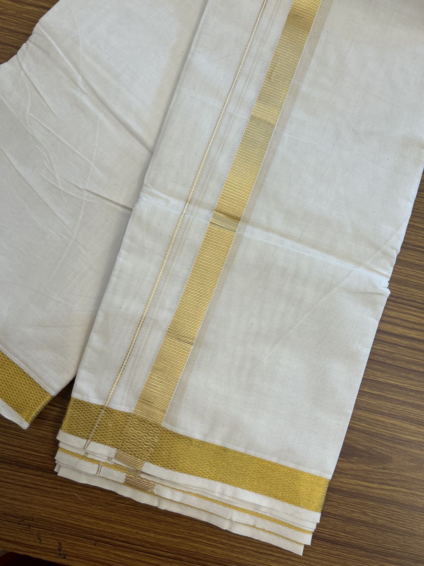 Panchakacham Dhoti - 20% Discount! Kaitharikada Balaramapuram Cotton Mix - Off White - (Unbleached) 80X90 thread - North Iindian- Attached Gamcha - 9x5 Dhoti - 1 inch Gold kasav  kara - 52 KK8305 PMC