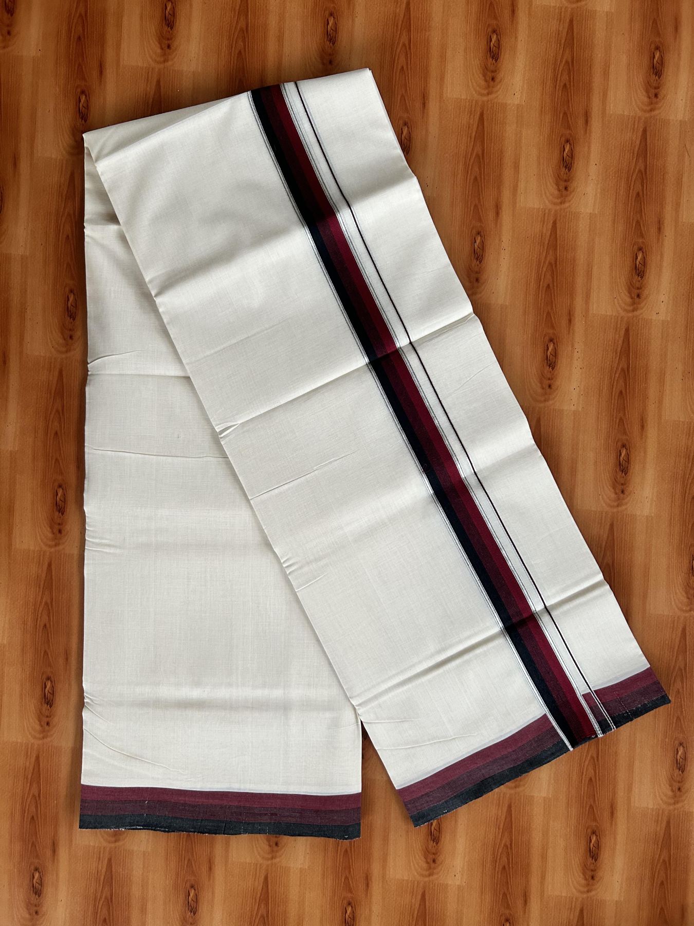 Double Off White (Unbleached) Mundu/Dhoti - 25% Discount! KaithariKada Handloom Unakkupaav Kerala Handloom - Pure Cotton - 80x90 - 1.25 Inch Silver Kasav & Maroon & Black Striped Kara 4 Mtr (8.5 Muzham) - 25 KK5438 YAR