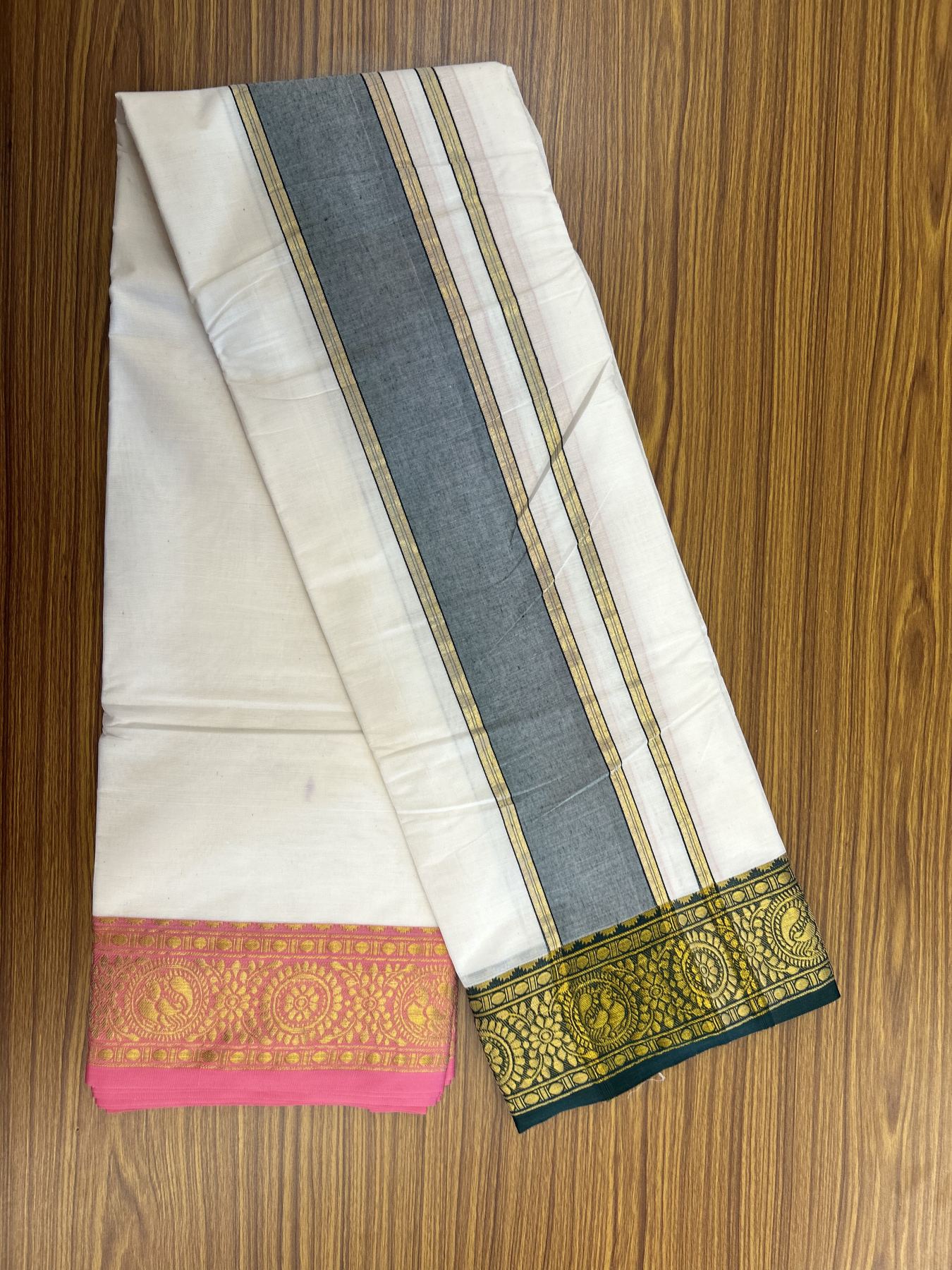 Panchakacham Dhoti - 20% Discount! Kaitharikada Balaramapuram Cotton Mix - Off White - (Unbleached) 80X90 thread - North Iindian- Attached Gamcha - 9x5 Dhoti - 3.25 inch Gold kasav & Green kara - 53 KK8305 PMC