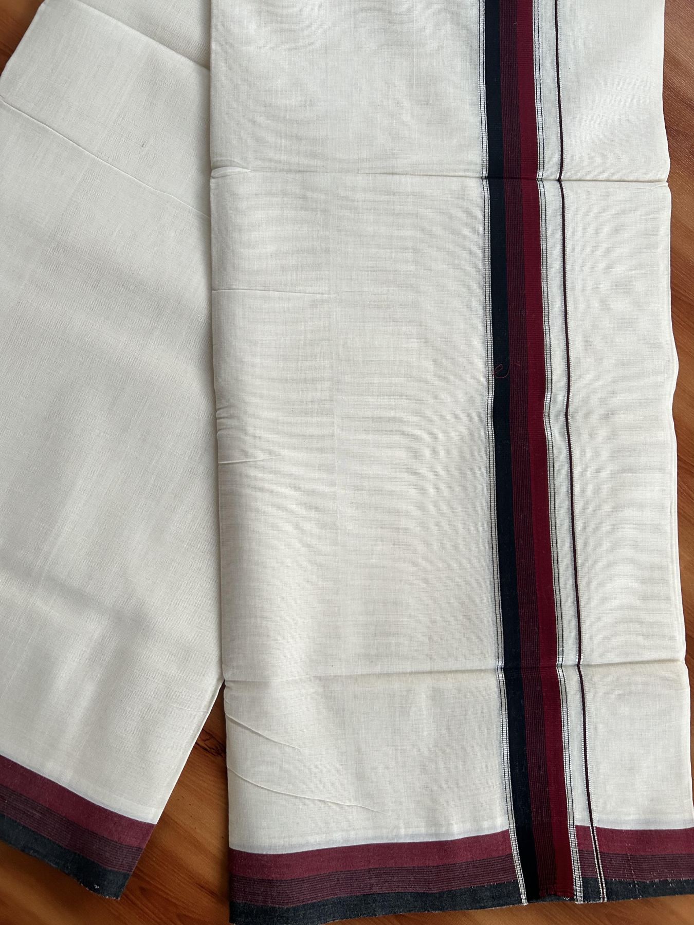 Double Off White (Unbleached) Mundu/Dhoti - 25% Discount! KaithariKada Handloom Unakkupaav Kerala Handloom - Pure Cotton - 80x90 - 1.25 Inch Silver Kasav & Maroon & Black Striped Kara 4 Mtr (8.5 Muzham) - 25 KK5438 YAR