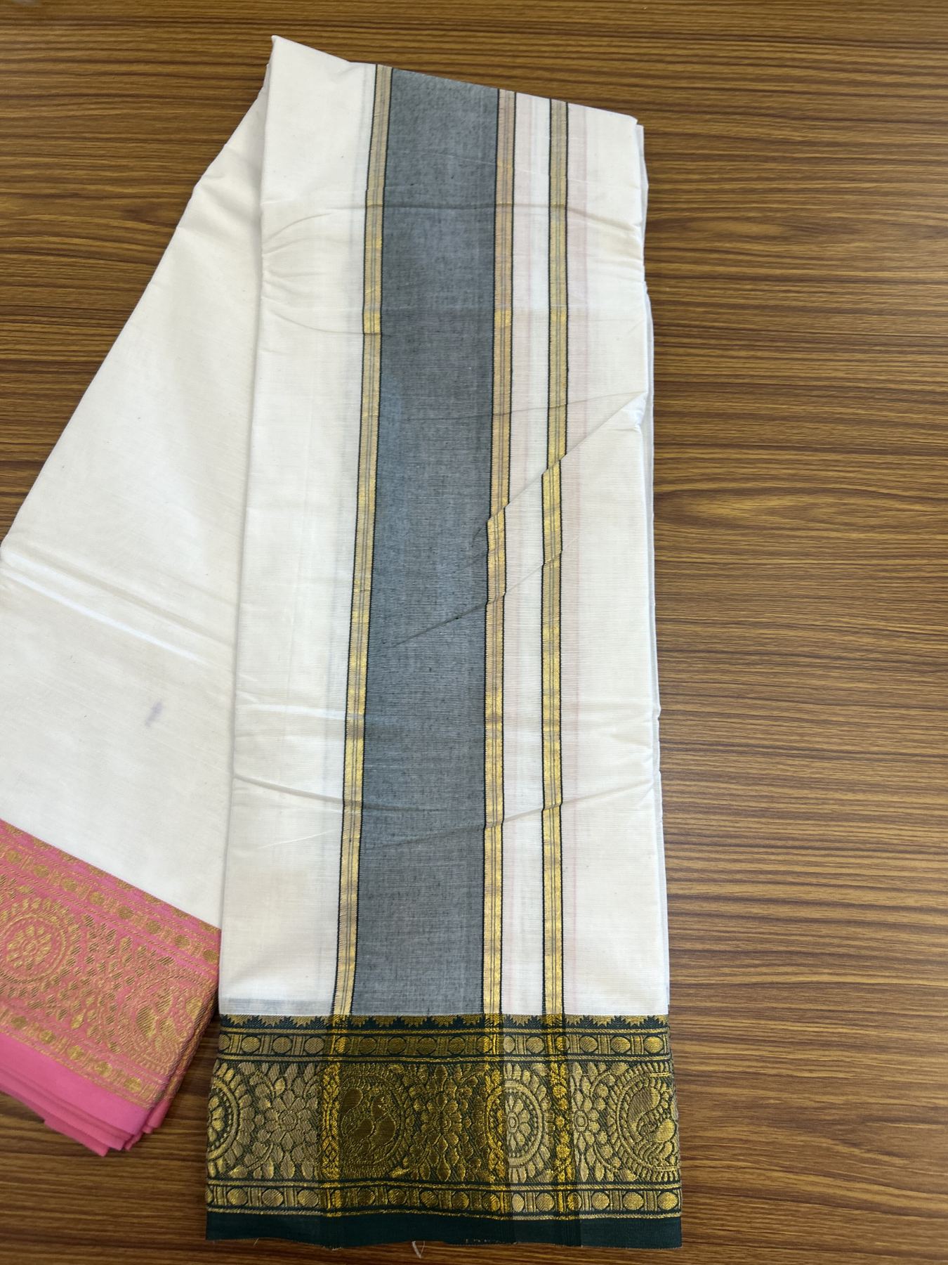 Panchakacham Dhoti - 20% Discount! Kaitharikada Balaramapuram Cotton Mix - Off White - (Unbleached) 80X90 thread - North Iindian- Attached Gamcha - 9x5 Dhoti - 3.25 inch Gold kasav & Green kara - 53 KK8305 PMC