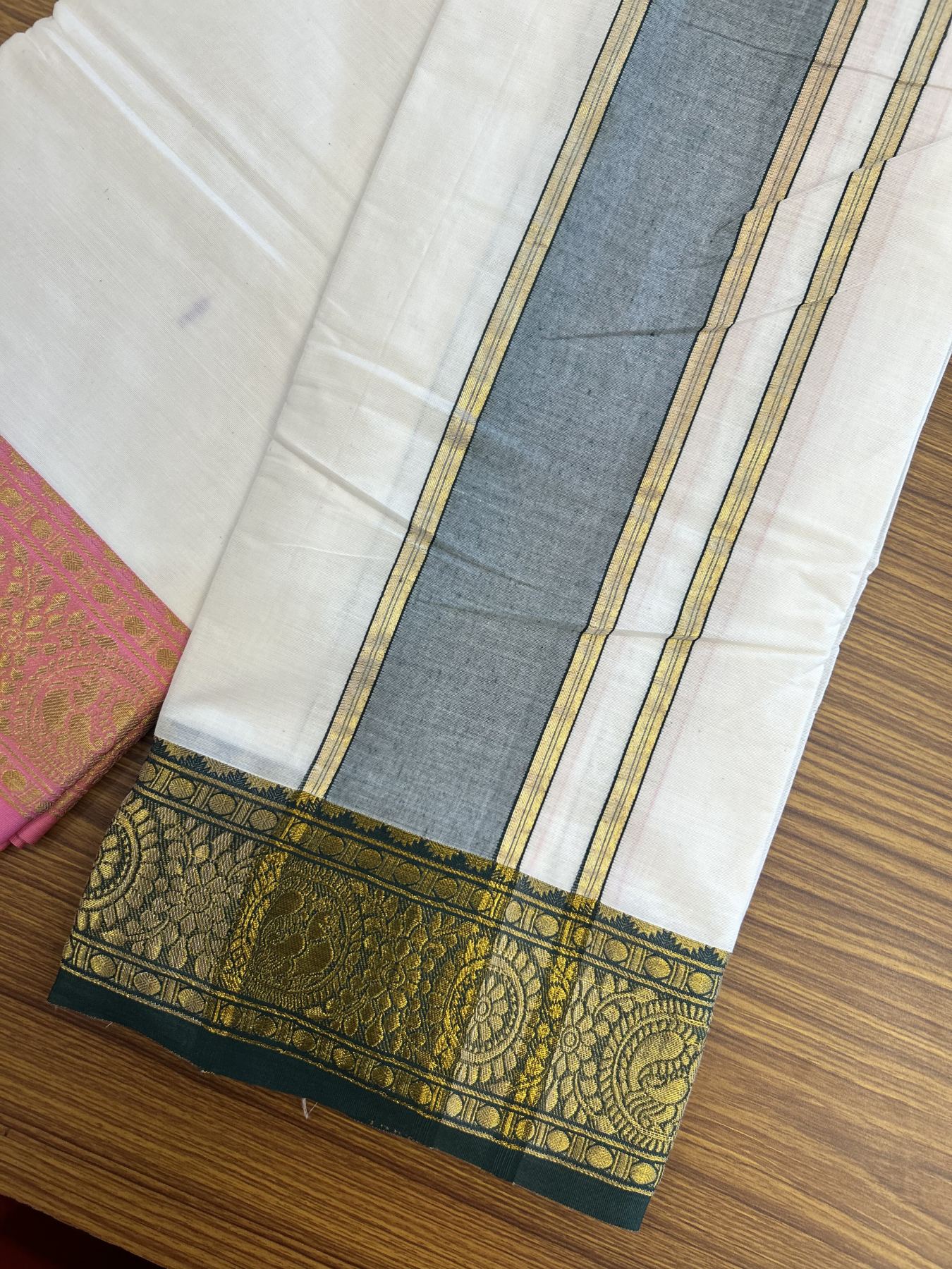 Panchakacham Dhoti - 20% Discount! Kaitharikada Balaramapuram Cotton Mix - Off White - (Unbleached) 80X90 thread - North Iindian- Attached Gamcha - 9x5 Dhoti - 3.25 inch Gold kasav & Green kara - 53 KK8305 PMC