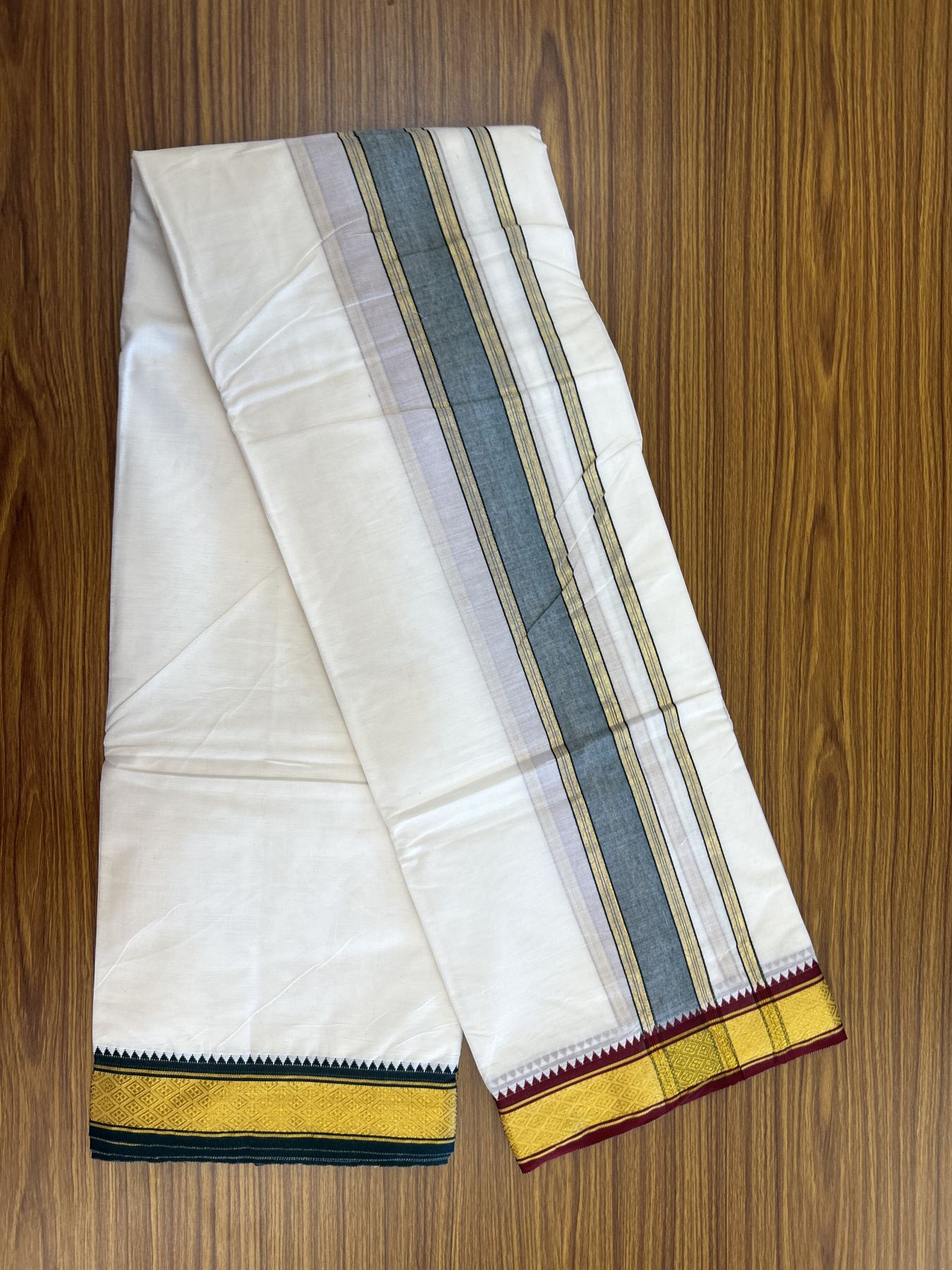 Panchakacham Dhoti - 20% Discount! Kaitharikada Balaramapuram Cotton Mix - Off White - (Unbleached) 80X90 thread - North Iindian- Attached Gamcha - 9x5 Dhoti - 2 inch Gold kasav & Green Striped kara - 54 KK8305 PMC