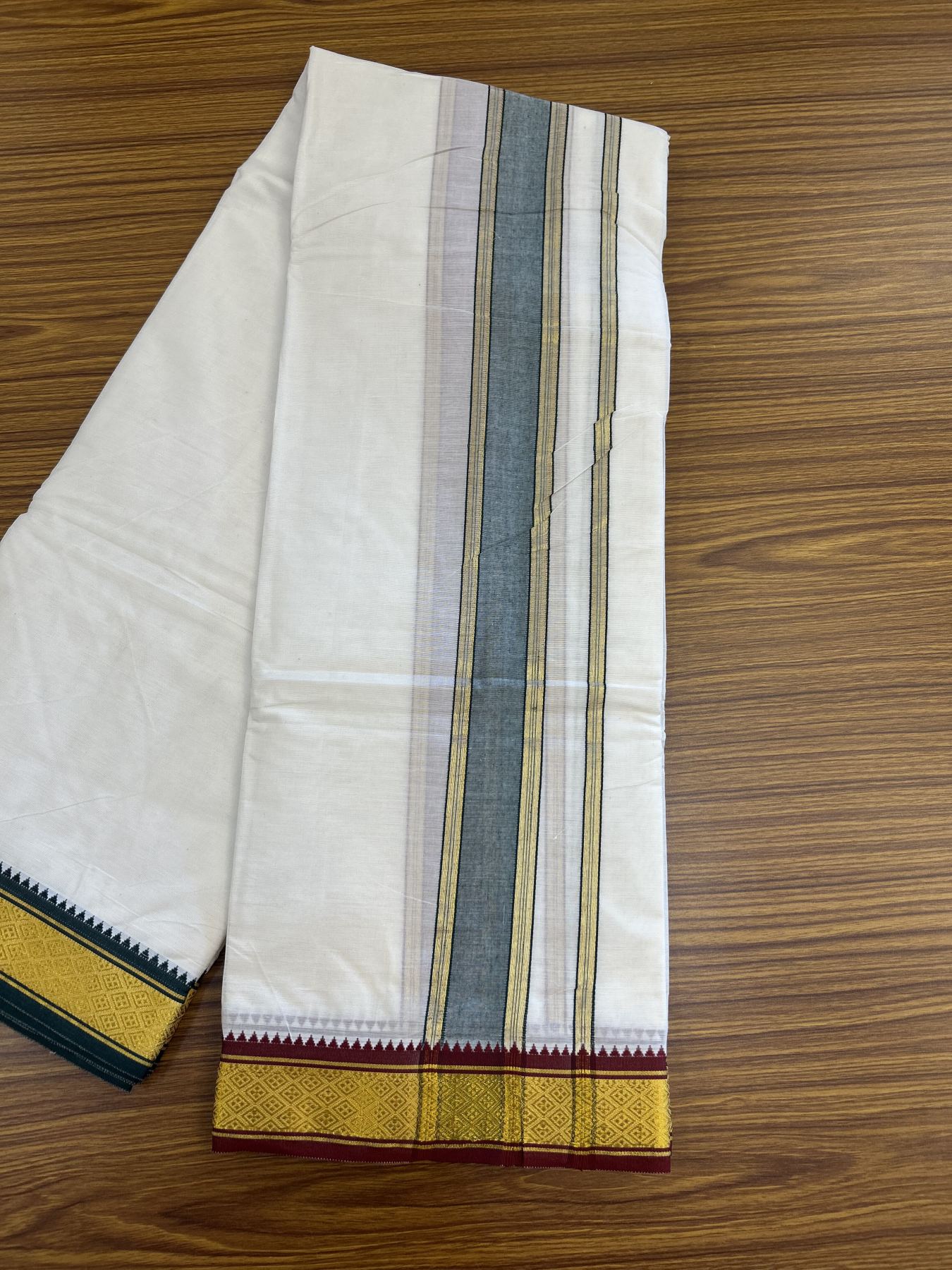 Panchakacham Dhoti - 20% Discount! Kaitharikada Balaramapuram Cotton Mix - Off White - (Unbleached) 80X90 thread - North Iindian- Attached Gamcha - 9x5 Dhoti - 2 inch Gold kasav & Green Striped kara - 54 KK8305 PMC