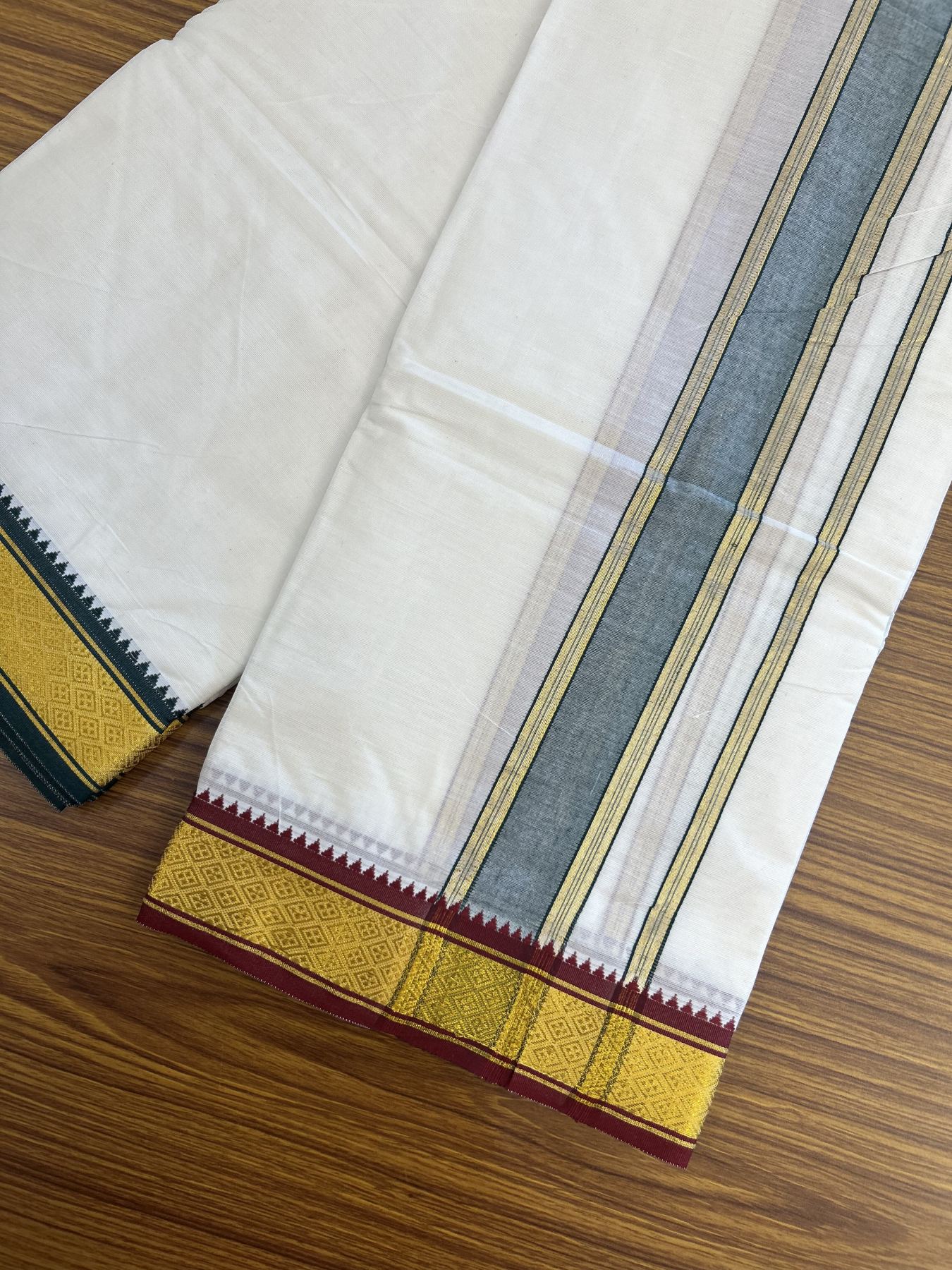 Panchakacham Dhoti - 20% Discount! Kaitharikada Balaramapuram Cotton Mix - Off White - (Unbleached) 80X90 thread - North Iindian- Attached Gamcha - 9x5 Dhoti - 2 inch Gold kasav & Green Striped kara - 54 KK8305 PMC
