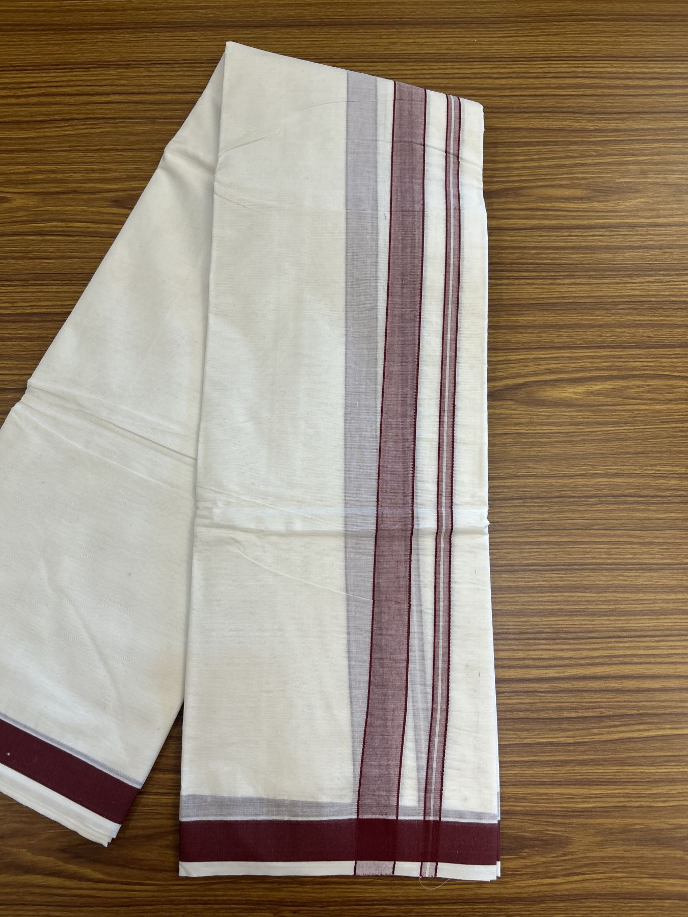Panchakacham Dhoti - 20% Discount! Kaitharikada Balaramapuram Cotton Mix - Off White - (Unbleached) 80X90 thread - North Iindian- Attached Gamcha - 9x5 Dhoti - 1 inch Maroon shaded kara - 38 KK8305 PMC