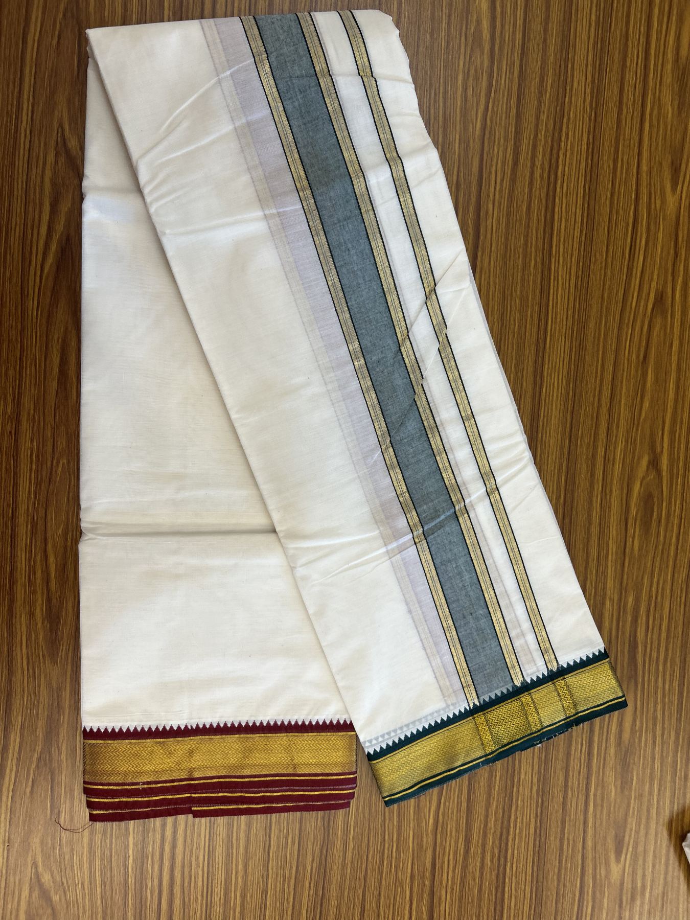 Panchakacham Dhoti - 20% Discount! Kaitharikada Balaramapuram Cotton Mix - Off White - (Unbleached) 80X90 thread - North Iindian- Attached Gamcha - 9x5 Dhoti - 1.75 inch Gold kasav & Green kara - 58 KK8305 PMC