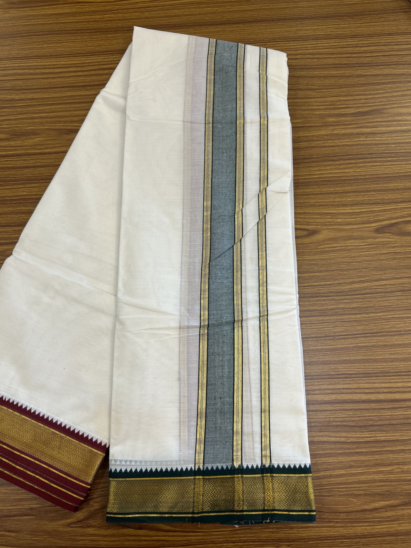 Panchakacham Dhoti - 20% Discount! Kaitharikada Balaramapuram Cotton Mix - Off White - (Unbleached) 80X90 thread - North Iindian- Attached Gamcha - 9x5 Dhoti - 1.75 inch Gold kasav & Green kara - 58 KK8305 PMC