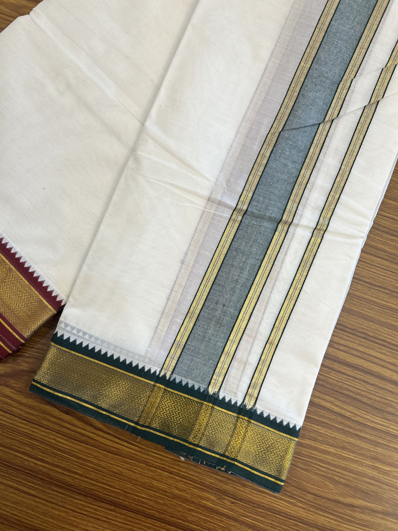 Panchakacham Dhoti - 20% Discount! Kaitharikada Balaramapuram Cotton Mix - Off White - (Unbleached) 80X90 thread - North Iindian- Attached Gamcha - 9x5 Dhoti - 1.75 inch Gold kasav & Green kara - 58 KK8305 PMC