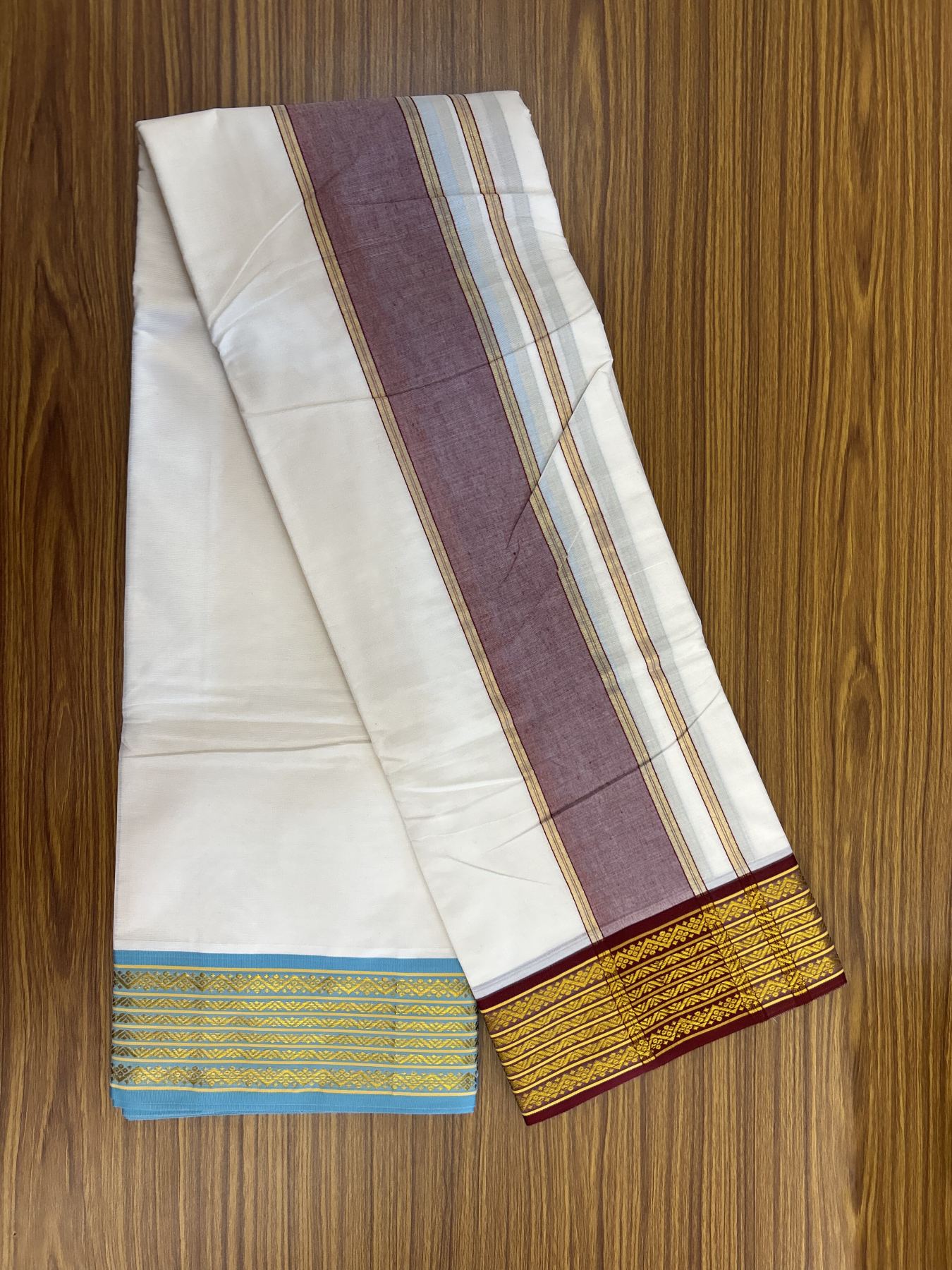 Panchakacham Dhoti - 20% Discount! Kaitharikada Balaramapuram Cotton Mix - Off White - (Unbleached) 80X90 thread - North indian - Attached Gamcha - 9x5 Dhoti - 3.25 inch Gold Kasav Maroon shaded kara - 39 KK8305 PMC