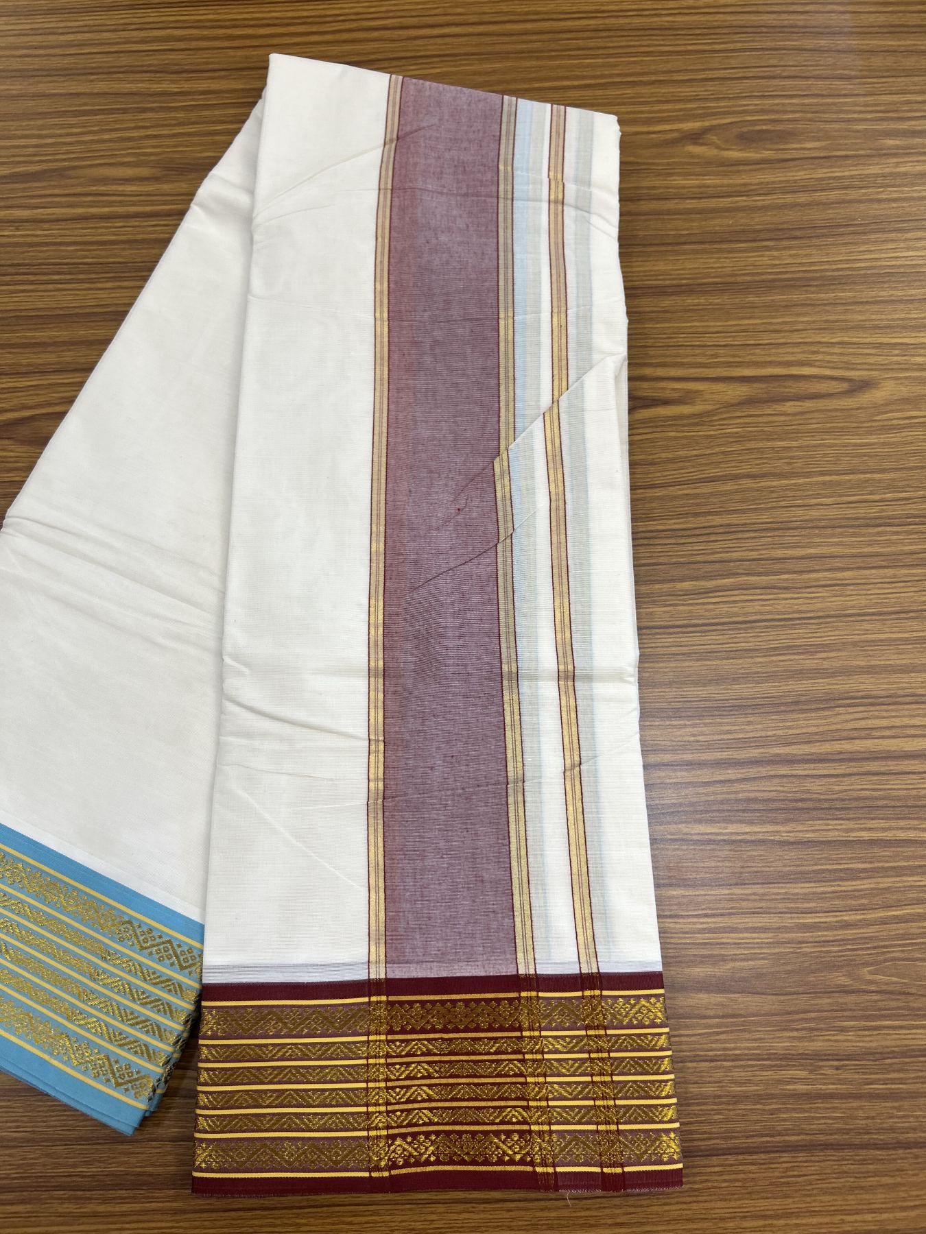 Panchakacham Dhoti - 20% Discount! Kaitharikada Balaramapuram Cotton Mix - Off White - (Unbleached) 80X90 thread - North indian - Attached Gamcha - 9x5 Dhoti - 3.25 inch Gold Kasav Maroon shaded kara - 39 KK8305 PMC