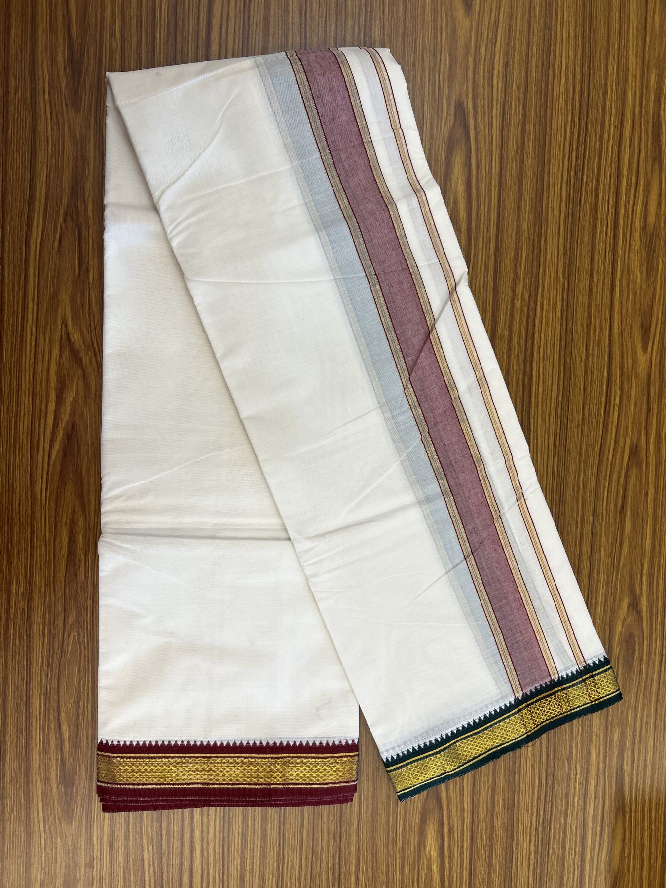 Panchakacham Dhoti - 20% Discount! Kaitharikada Balaramapuram Cotton Mix - Off White - (Unbleached) 80X90 thread - North Iindian- Attached Gamcha - 9x5 Dhoti - 1.75 inch Gold kasav & Maroon Striped kara - 55 KK8305 PMC