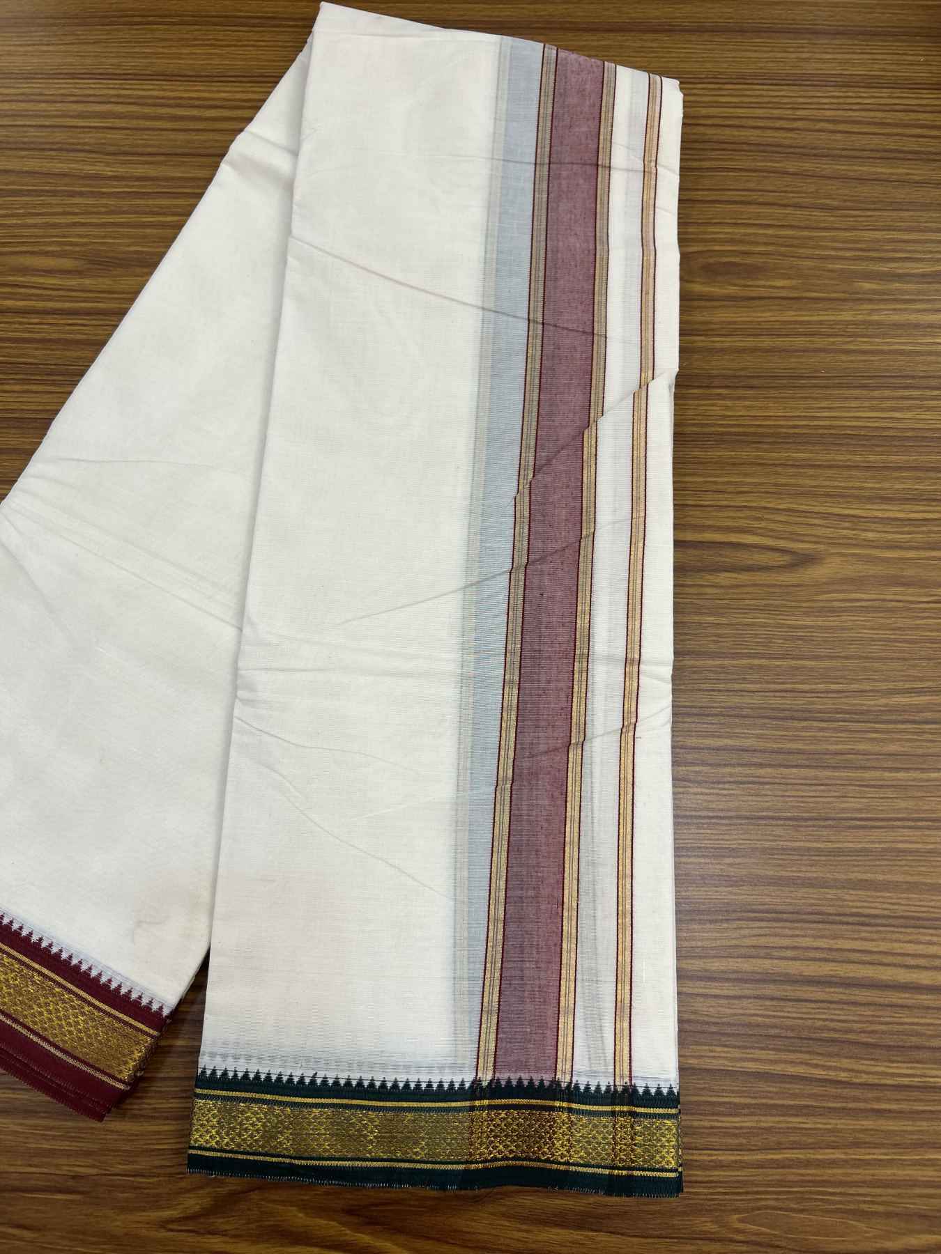 Panchakacham Dhoti - 20% Discount! Kaitharikada Balaramapuram Cotton Mix - Off White - (Unbleached) 80X90 thread - North Iindian- Attached Gamcha - 9x5 Dhoti - 1.75 inch Gold kasav & Maroon Striped kara - 55 KK8305 PMC