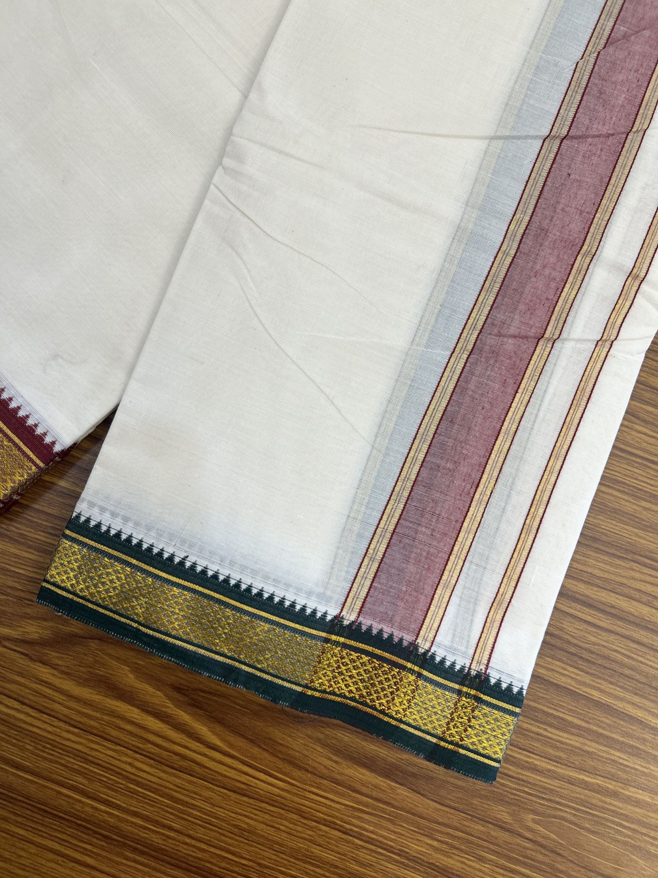 Panchakacham Dhoti - 20% Discount! Kaitharikada Balaramapuram Cotton Mix - Off White - (Unbleached) 80X90 thread - North Iindian- Attached Gamcha - 9x5 Dhoti - 1.75 inch Gold kasav & Maroon Striped kara - 55 KK8305 PMC