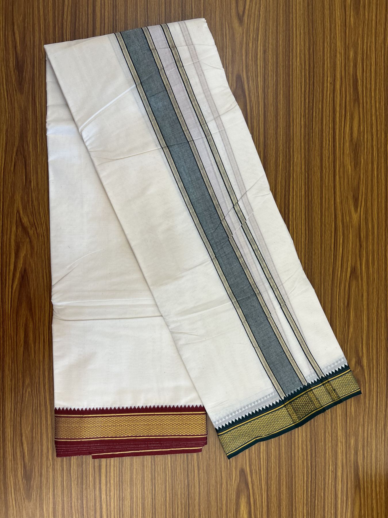 Panchakacham Dhoti - 20% Discount! Kaitharikada Balaramapuram Cotton Mix - Off White - (Unbleached) 80X90 thread - North Iindian- Attached Gamcha - 9x5 Dhoti - 1.5 inch Gold kasav Dark Green & Maroon Striped Design kara - 45 KK8305 PMC