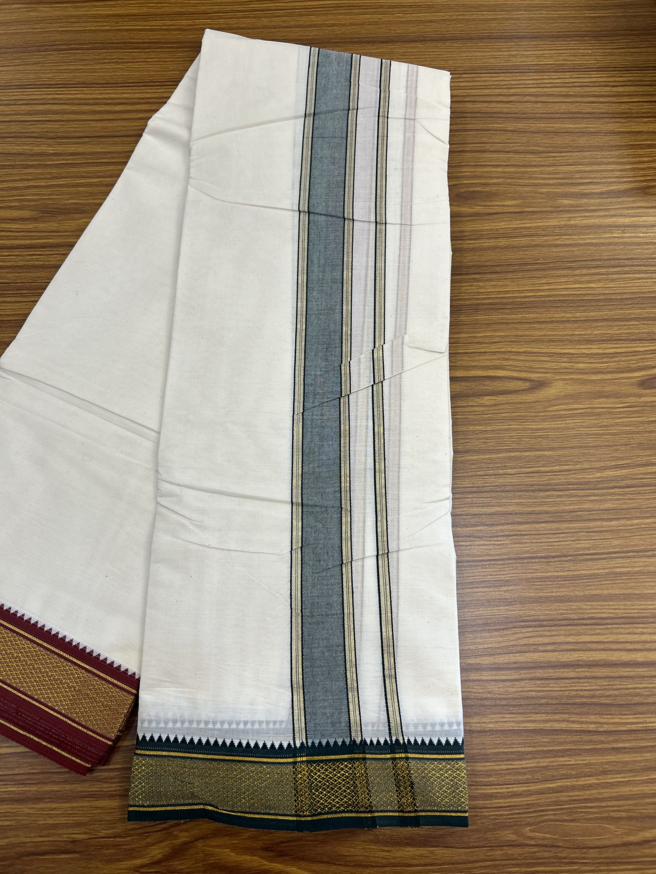 Panchakacham Dhoti - 20% Discount! Kaitharikada Balaramapuram Cotton Mix - Off White - (Unbleached) 80X90 thread - North Iindian- Attached Gamcha - 9x5 Dhoti - 1.5 inch Gold kasav Dark Green & Maroon Striped Design kara - 45 KK8305 PMC