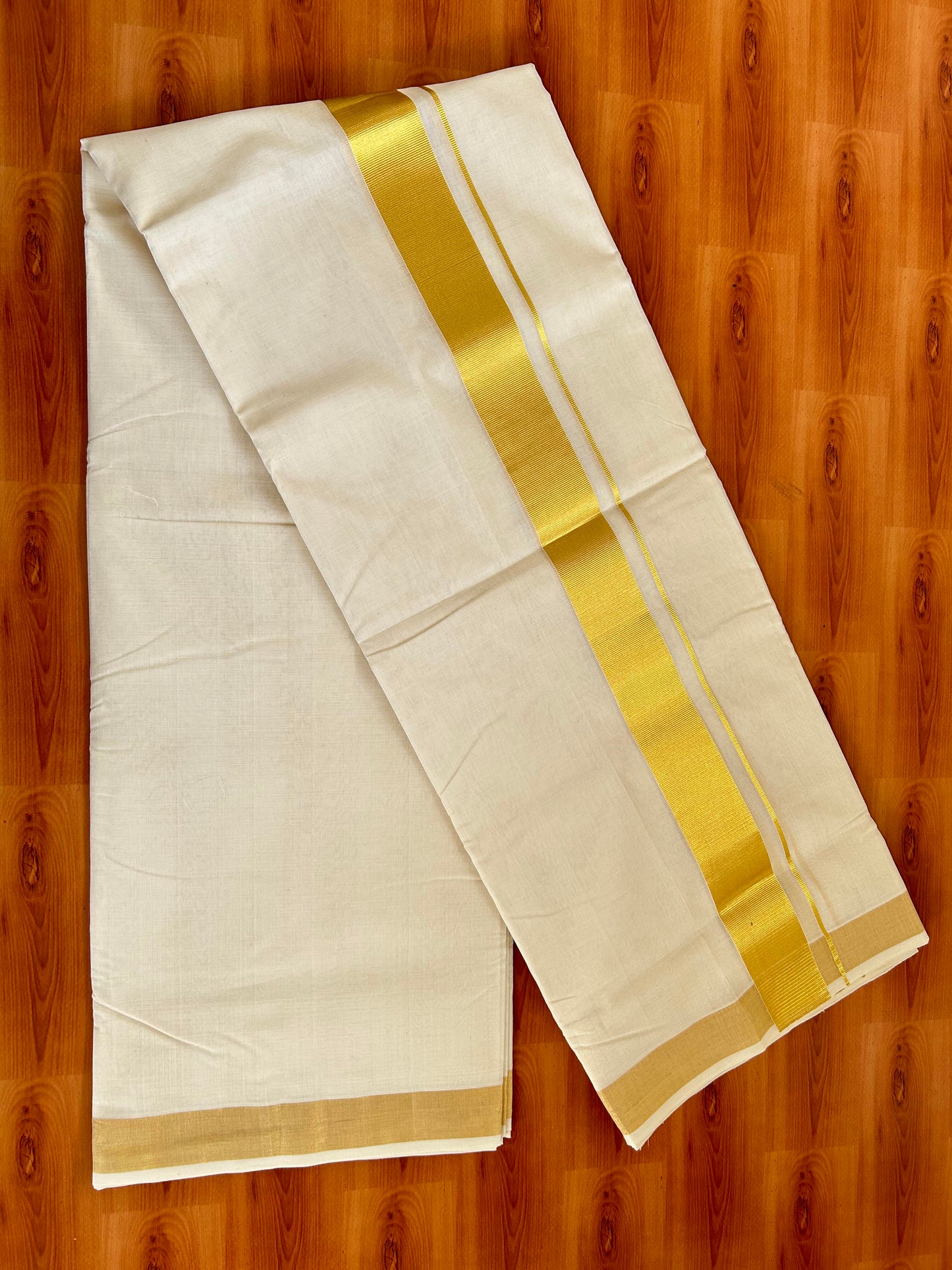 Double Mundu/Dhoti - Off White (Unbleached) - KaithariKada Handloom Unakkupaav - 25% Discount! Kerala Handloom - Pure Cotton - 100x80 - 1.75 inch Kasav Kara -  7 KK5394 ABH